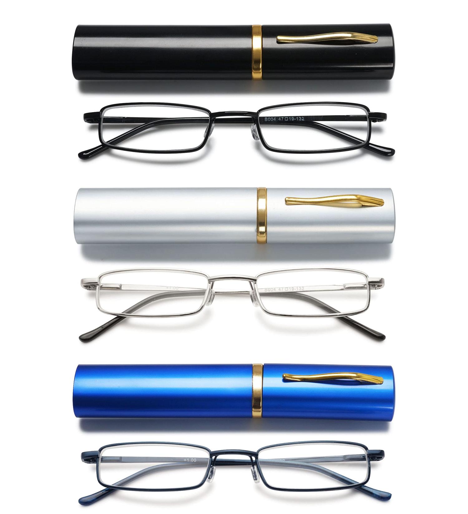 Vevesmundo Mini Compact Metal Reading Glasses with Blue Light Filter - Lightweight Spring Hinge Narrow Classic Design & Metal Etui Case - 2.5x Magnification - Buy Online on GoSupps.com