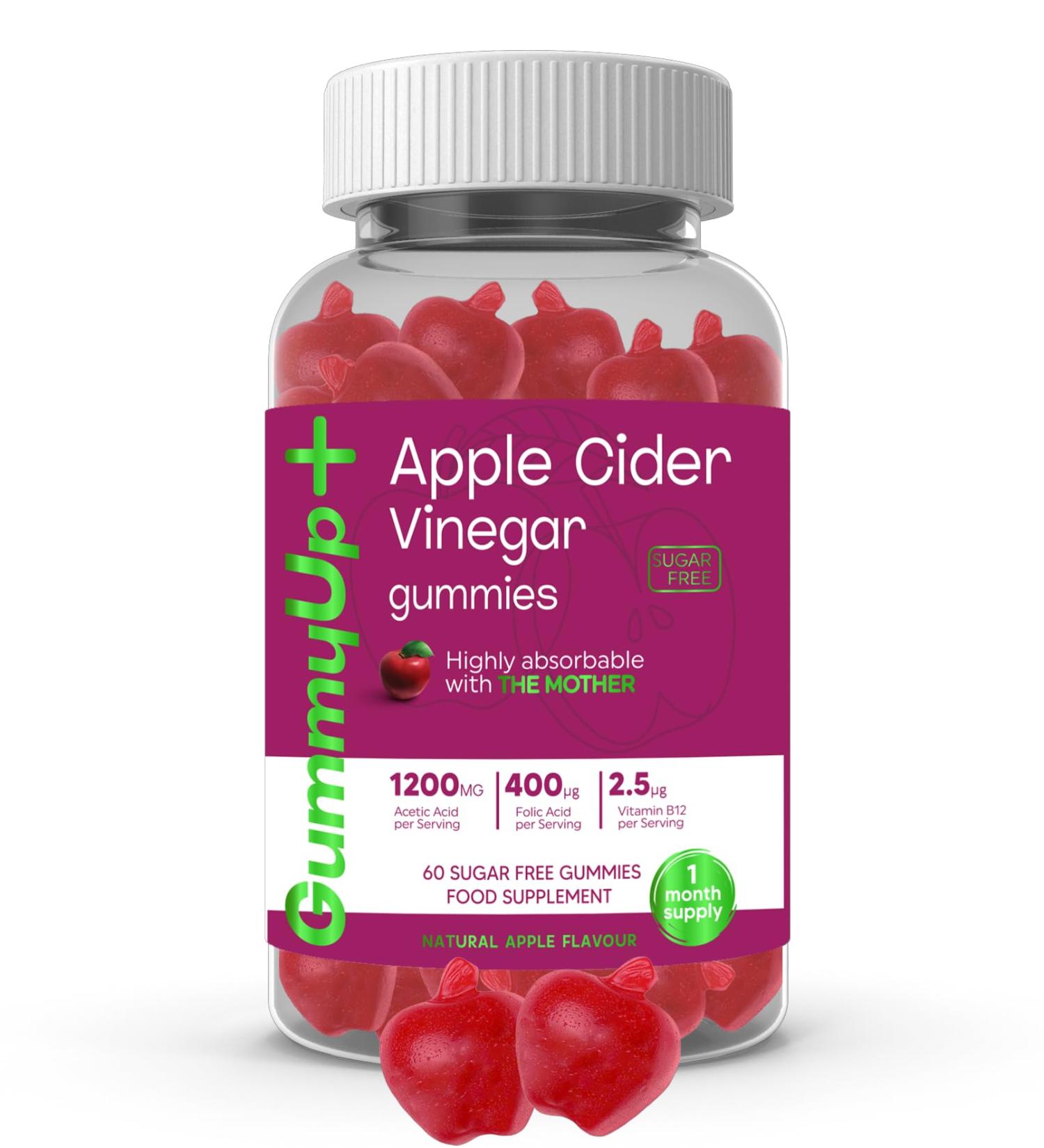Apple Cider Vinegar Gummies with The Mother 1200mg Acetic Acid 400 g Folic Acid 2.5 g Vitamin B12 60 Sugar Free Natural Apple Flavoured Gummies - Buy Online on GoSupps.com