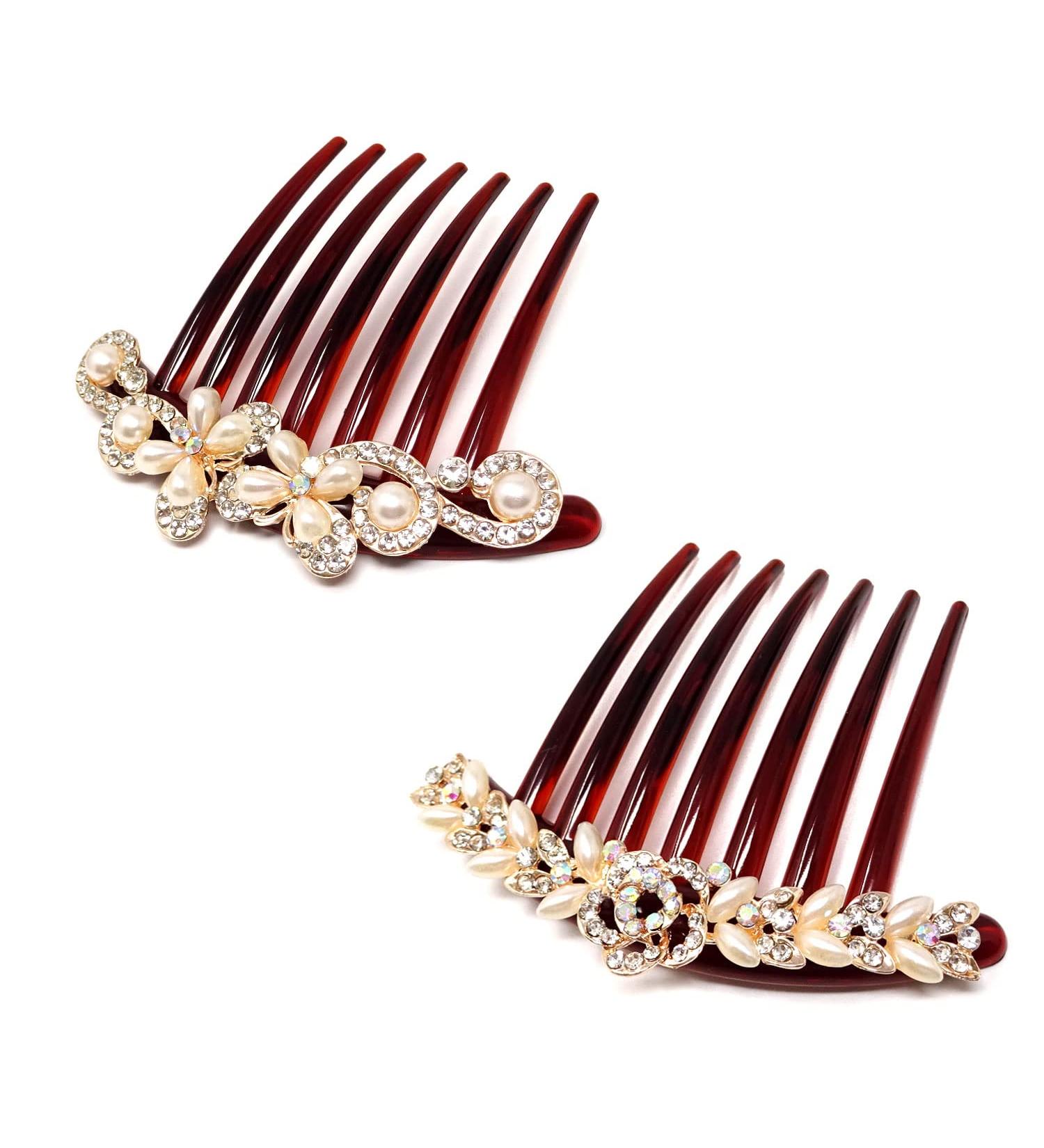 Honbay 2PCS Pearl Crystal Rhinestone Hair Side Combs - Floral Twist Hairpin Accessories for Women - Buy Online on GoSupps.com