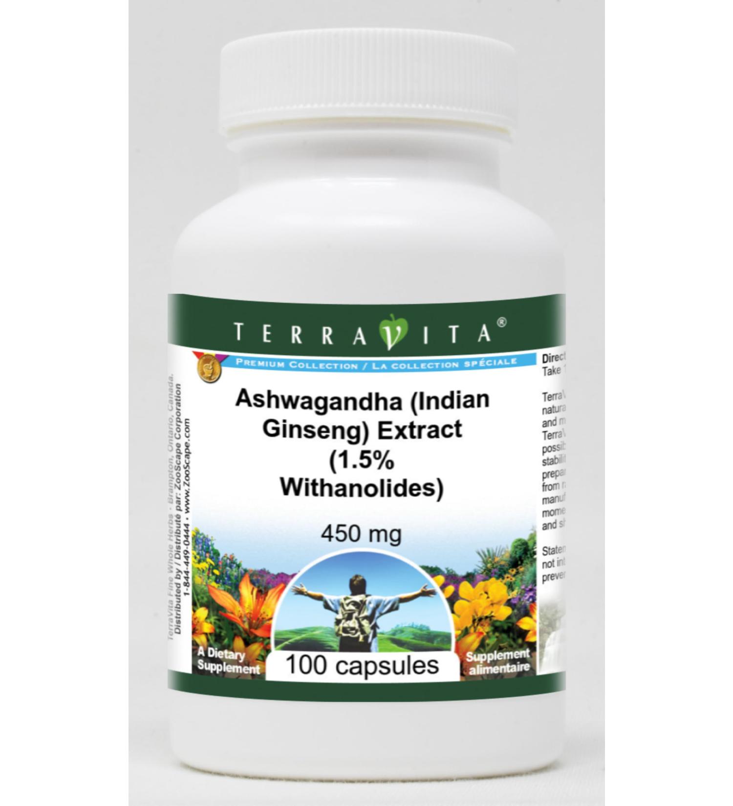 Ashwagandha (Indian Ginseng) Extract (1.5% Withanolides) - 450 mg (100 Capsules ZIN: 514060) - Buy Online on GoSupps.com