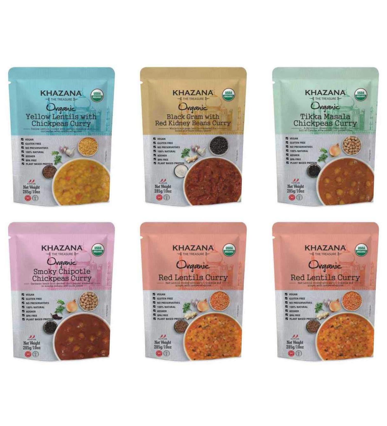 Khazana Organic Ready to Eat Indian Meals Variety Pack | 6 x 10oz Pouches | Non-GMO, Vegan, Gluten-Free & Kosher | Authentic Cuisine in 90 Seconds - Buy Online on GoSupps.com