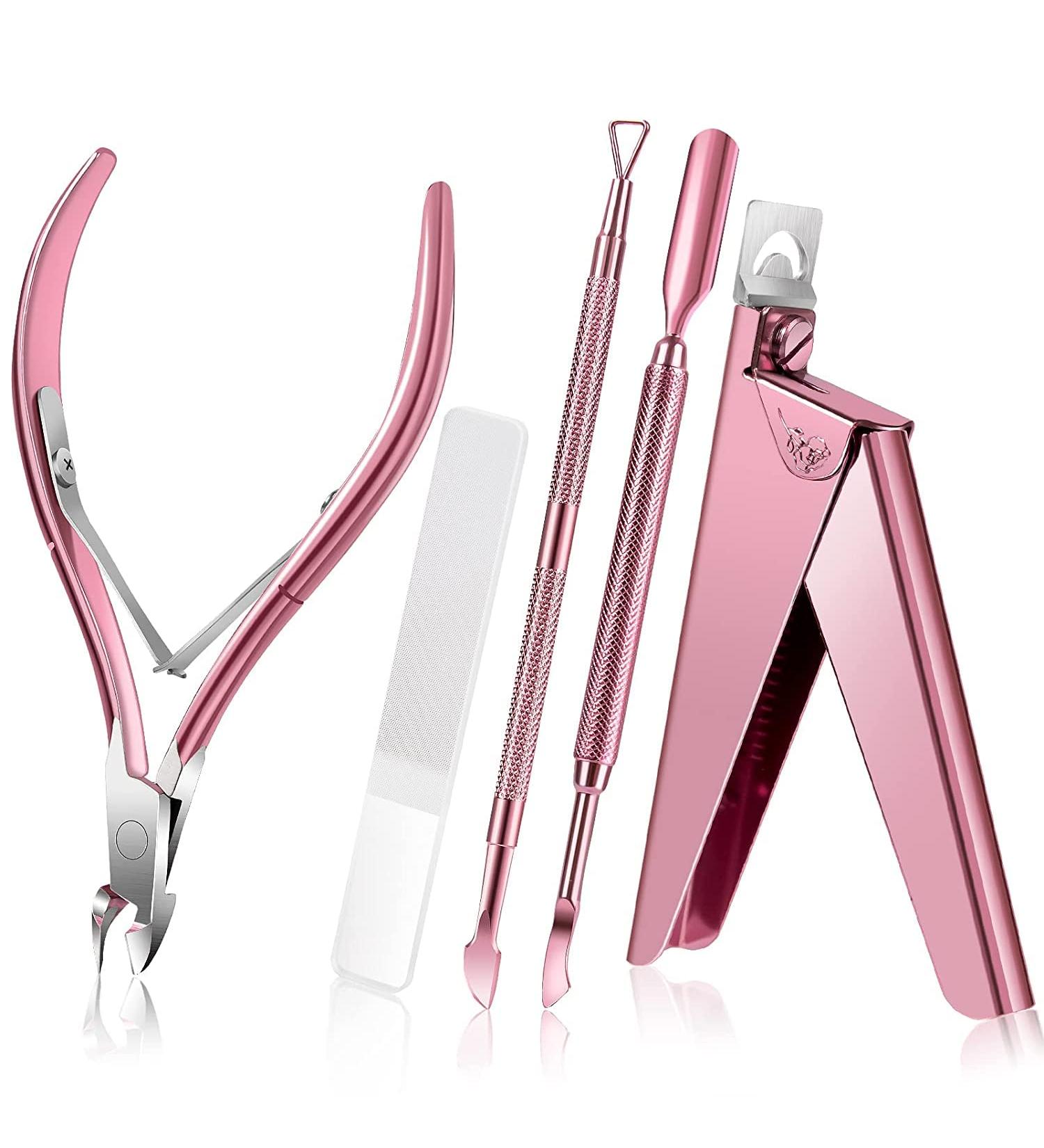 Acrylic Nail Clipper 5 in 1 Kit with Glass File, Cuticle Trimmer, Nipper & Pusher - Professional Manicure Pedicure Set for Gel Polish Removal - Christmas Gift (Pink) - Buy Online on GoSupps.com
