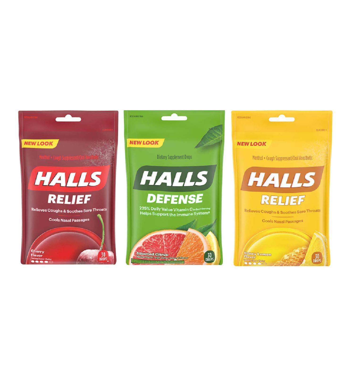 Halls Cough Drops 3 Pack - 1 Cherry, 1 Honey Lemon, 1 Assorted Citrus