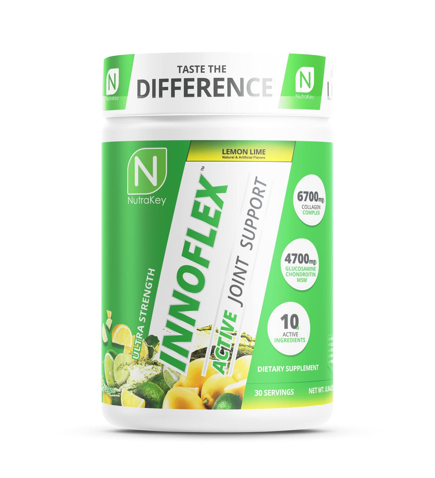 NutraKey Innoflex Glucosamine with Chondroitin, Msm, Hyaluronic Acid and Collagen, 1500mg Lemon Lime - Buy Online on GoSupps.com