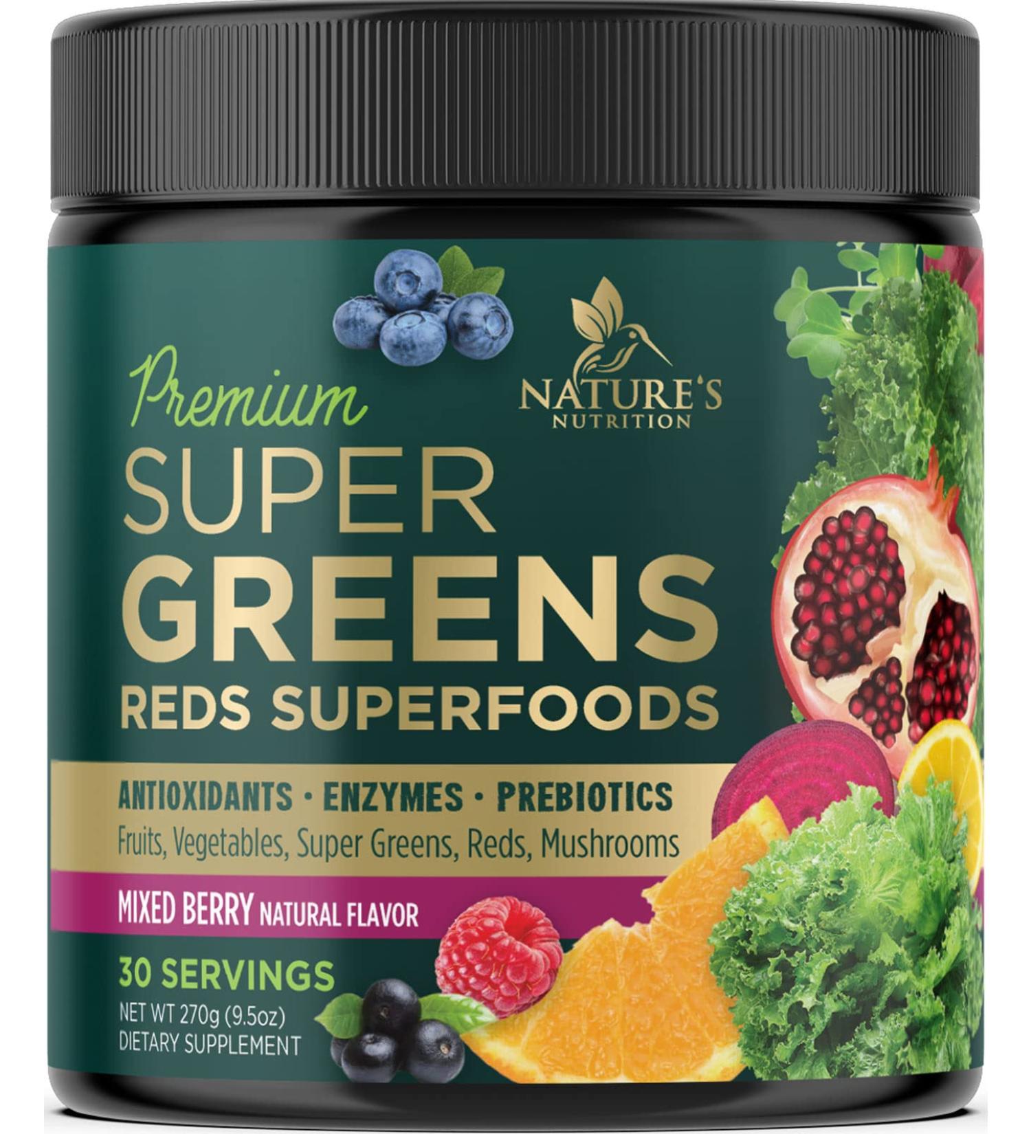 Super Green Smoothie Mix with Spirulina, Wheat Grass & Chlorella - Berry Flavor Superfood Supplement for Digestive Health & Antioxidant Support - Vegan & Non-GMO - 30 Servings - Buy Online on GoSupps.com