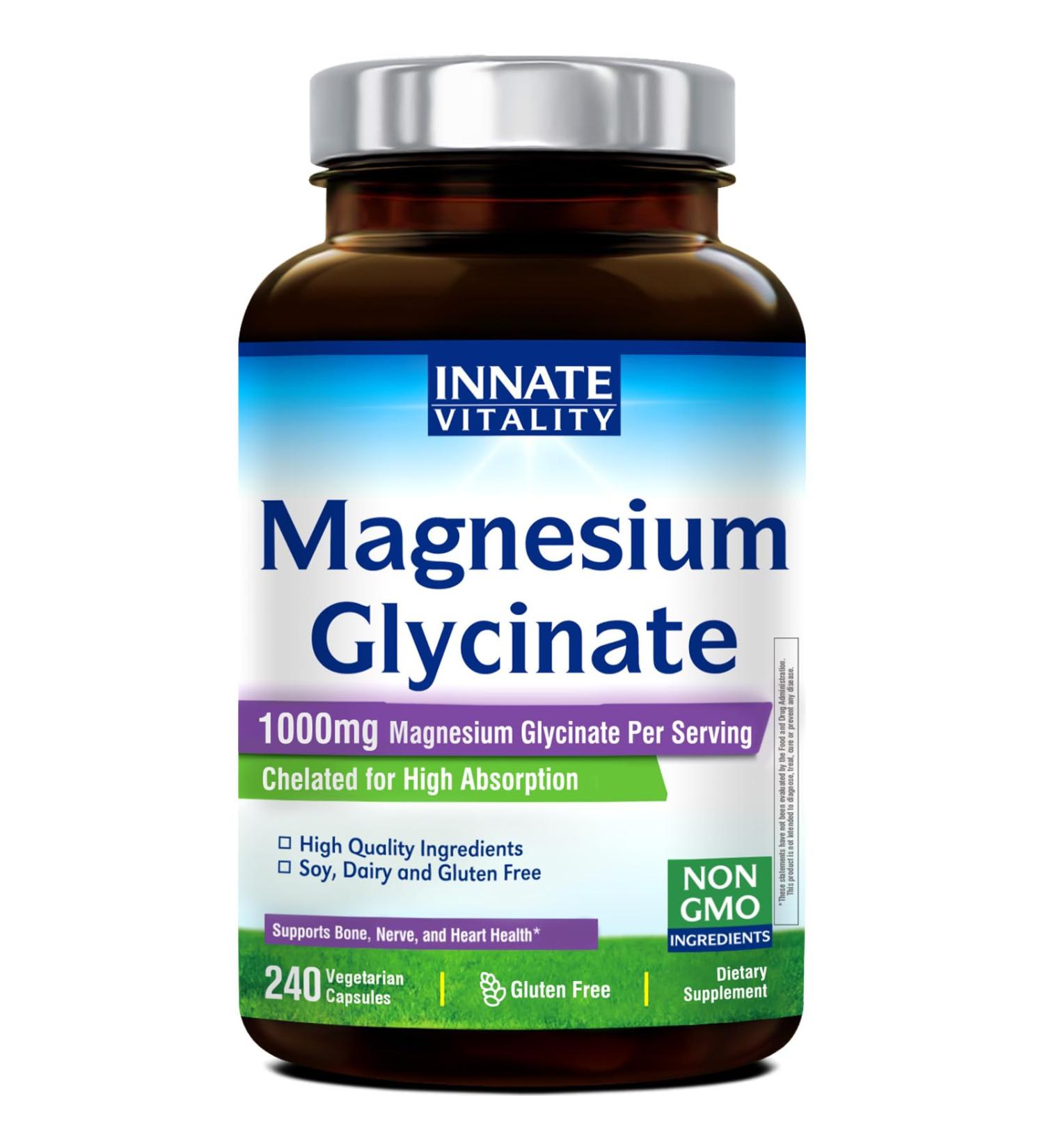 Innate Vitality Magnesium Glycinate 1000mg Per Serving | 140mg Elemental Magnesium Supplement - High Absorption Non Buffered Non-GMO & No Gluten - Nerve Bone & Heart Health - 240 Caps - Buy Online on GoSupps.com
