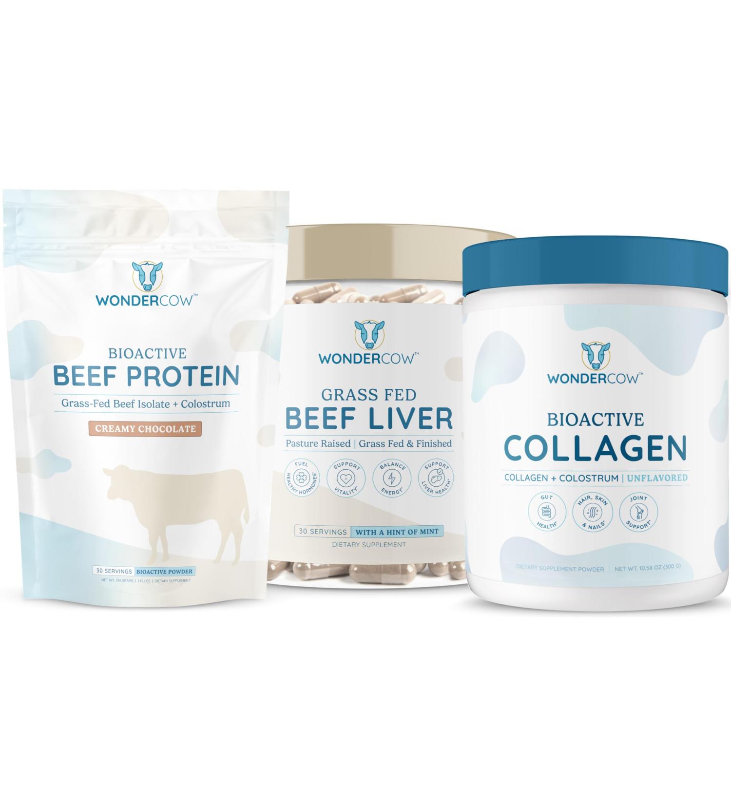 WONDERCOW Collagen Peptides + Grass-Fed Beef Liver Capsules + Beef Protein Isolate with Bovine Colostrum Non-GMO Wellness Bundle 3-in-1 Daily Support - Buy Online on GoSupps.com