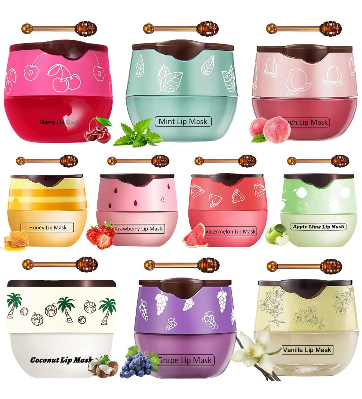TIRDET 10 PCS Bee Lip Balm Honey Pot, Honey Coconut Cherry Peach Mint Grape Vanilla Strawberry Watermelon Apple, Lip Balm Bulk with Stick, Hydrating Lip Mask Overnight, Exfoliating Crack Scrubs - Buy Online on GoSupps.com