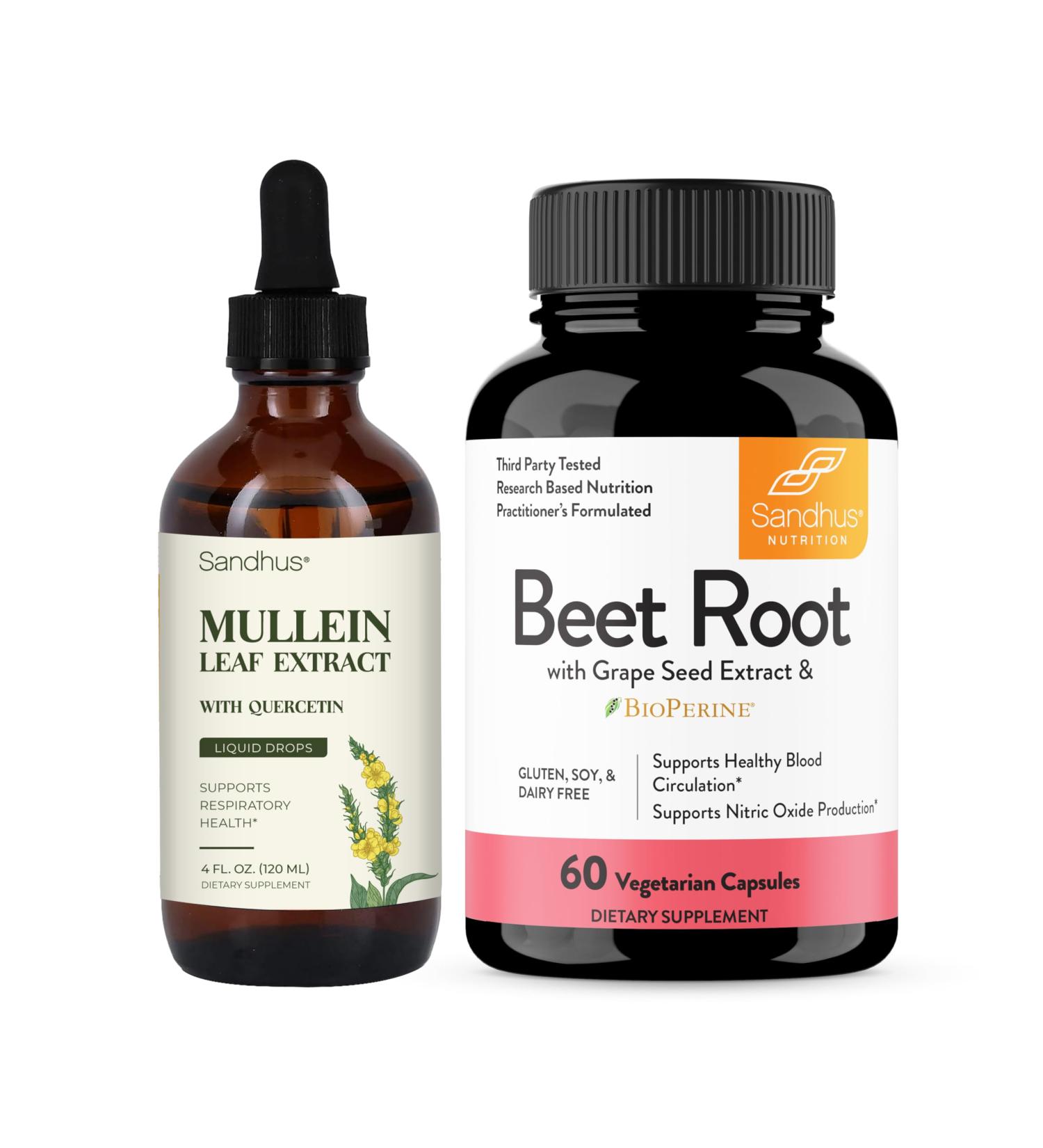 Sandhu's Mullein Drops for Lungs Bundle with Beetroot Powder Capsules | Supports Immune Health & Overall Wellness for Men & Women - Buy Online on GoSupps.com