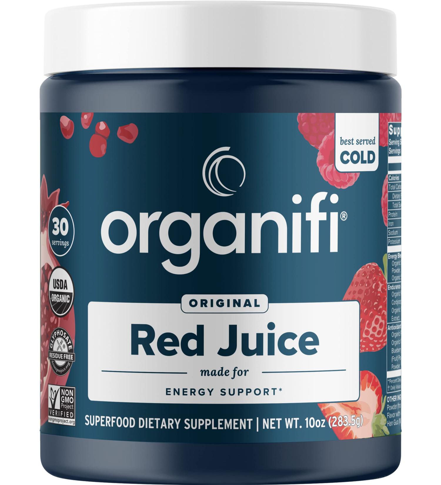 Organifi Red Juice 10oz - Vegan Pre-Workout Energy Drink Powder - Organic Berries, Beets, Mushrooms, Prebiotics, Ginseng, Vitamin C - 30 Servings for Focus, Performance & Immune Support - Buy Online on GoSupps.com