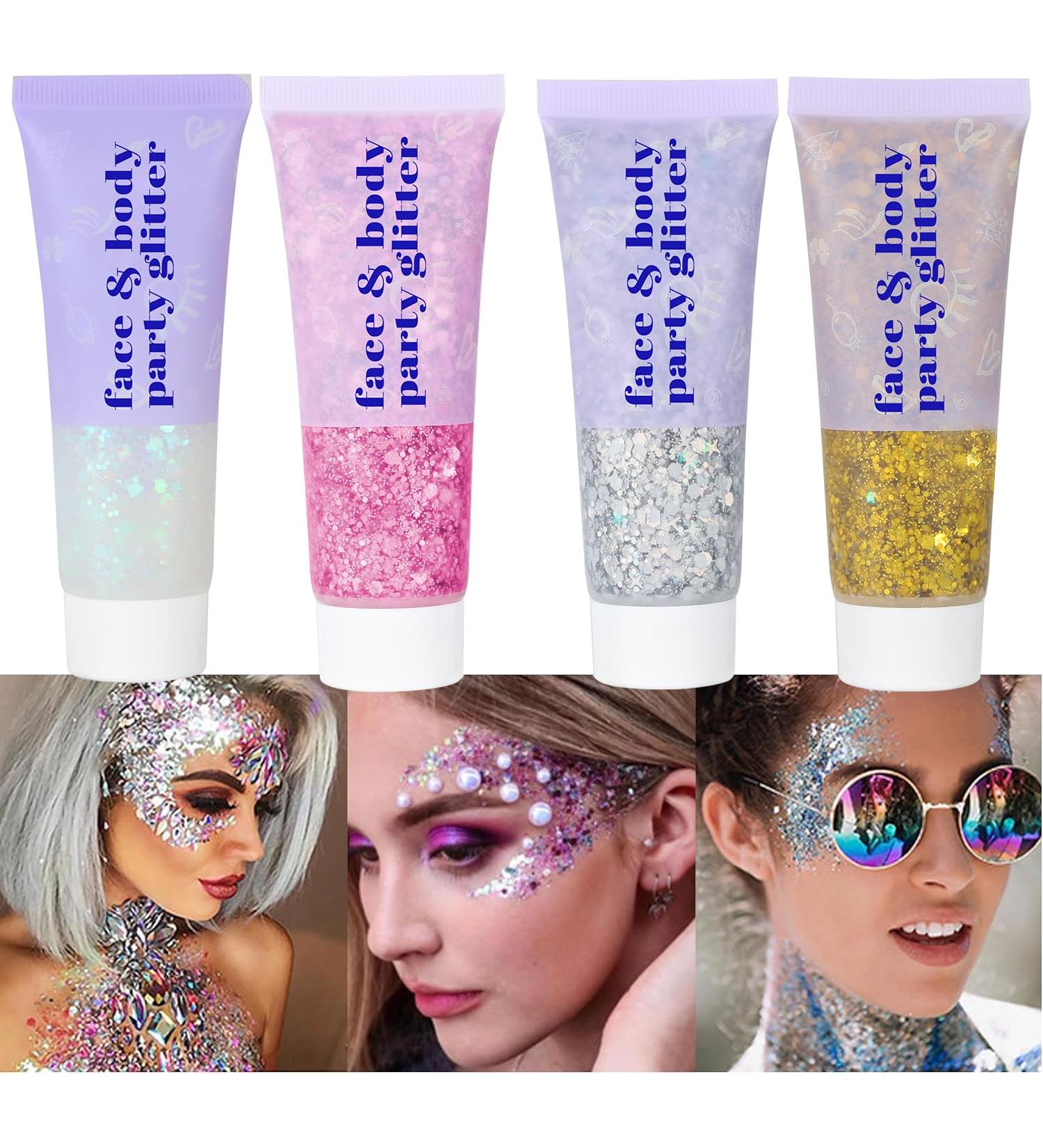 4 Colors Body Glitter Gel - Long Lasting Holographic Makeup for Festivals Raves & Concerts | Eye Lip Hair & Nail Accessories - Gold Pink Silver White - Buy Online on GoSupps.com