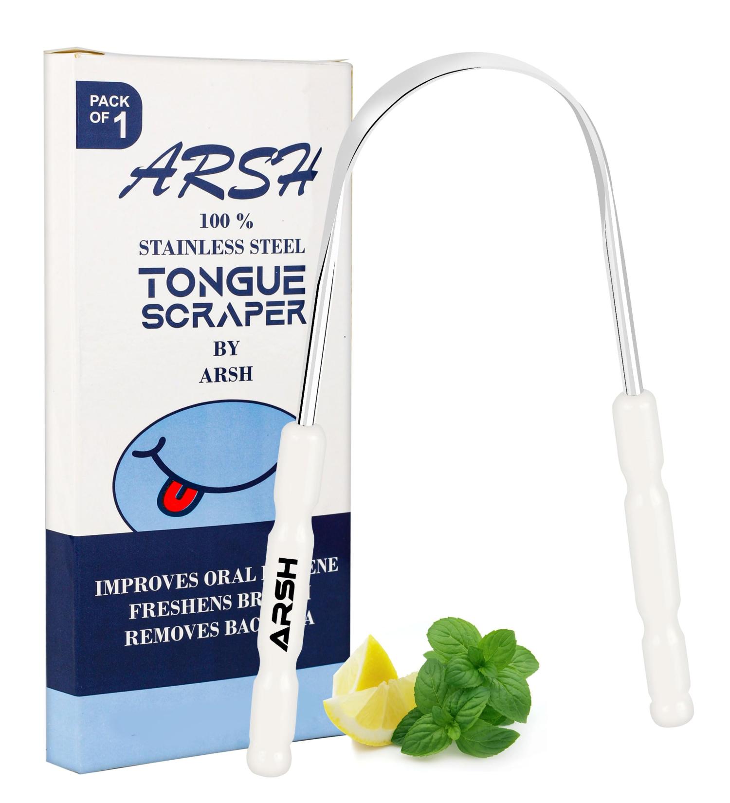 Arsh Tongue Scraper for Adults & Kids - Stainless Steel Tongue Cleaner for Oral Care Bad Breath Reduction and Hygiene - Durable Tongue Scrubber (White - Buy Online on GoSupps.com