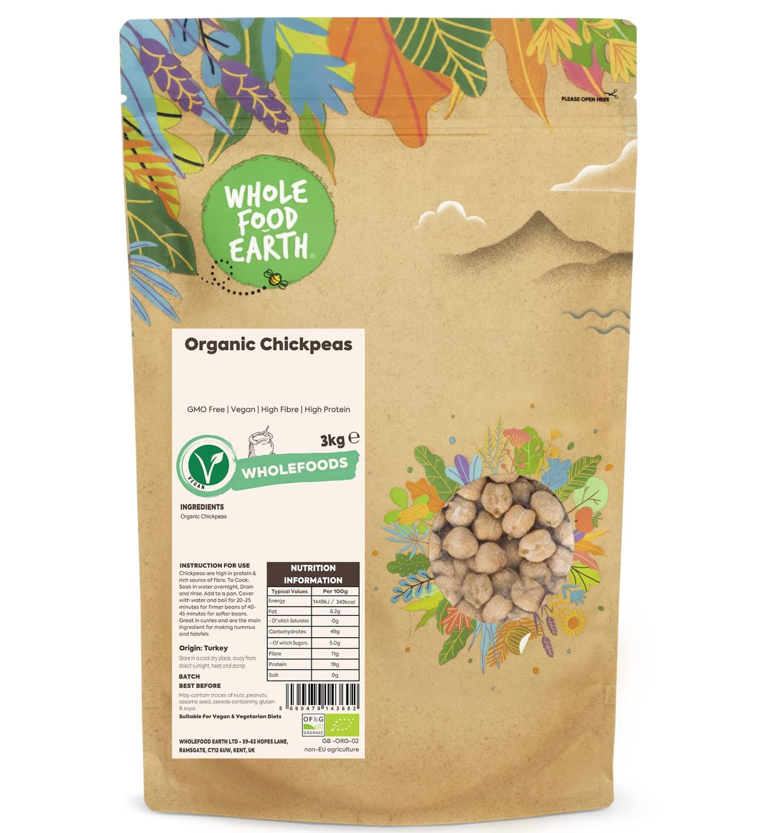 Organic Chickpeas 3kg - GMO Free, Vegan, High Fibre, High Protein - Wholefood Earth - Buy Online on GoSupps.com