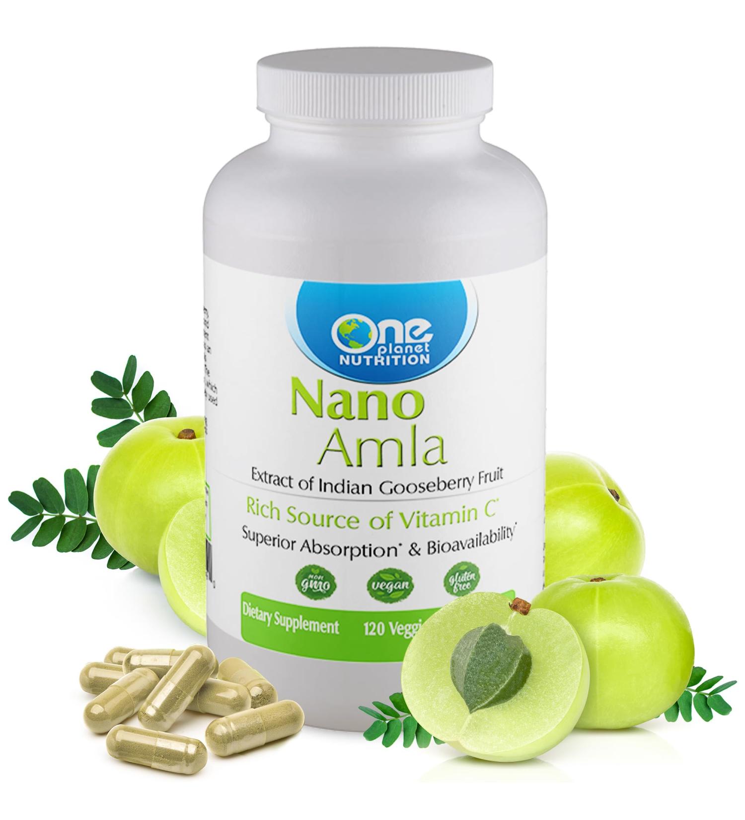 One Planet Nutrition Nano Amla 500 mg Veggie Capsules (120 Servings), Amla Fruit Extract, High in Vitamin C for Collagen Production & Immune Support, Non-GMO, Vegan, Gluten-Free Capsule 500 mg - Buy Online on GoSupps.com