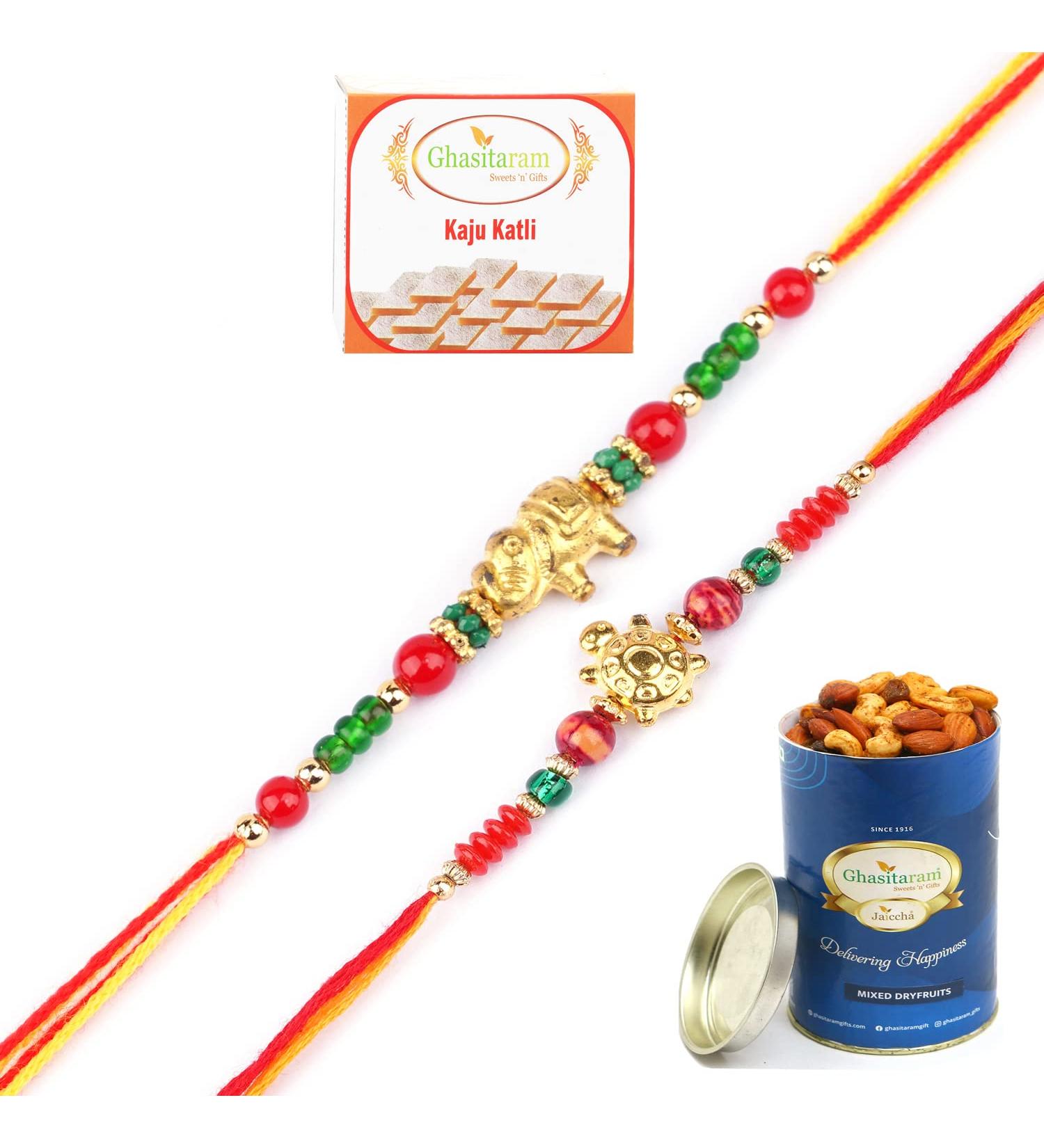 Ghasitaram Gifts Rakhi for Brother Rakhis Online - Set of 2-6043 and 6059 Rakhi Threads with 100 GMS of Dryfruits Mix Can 200 GMS of Kaju katli - Buy Online on GoSupps.com