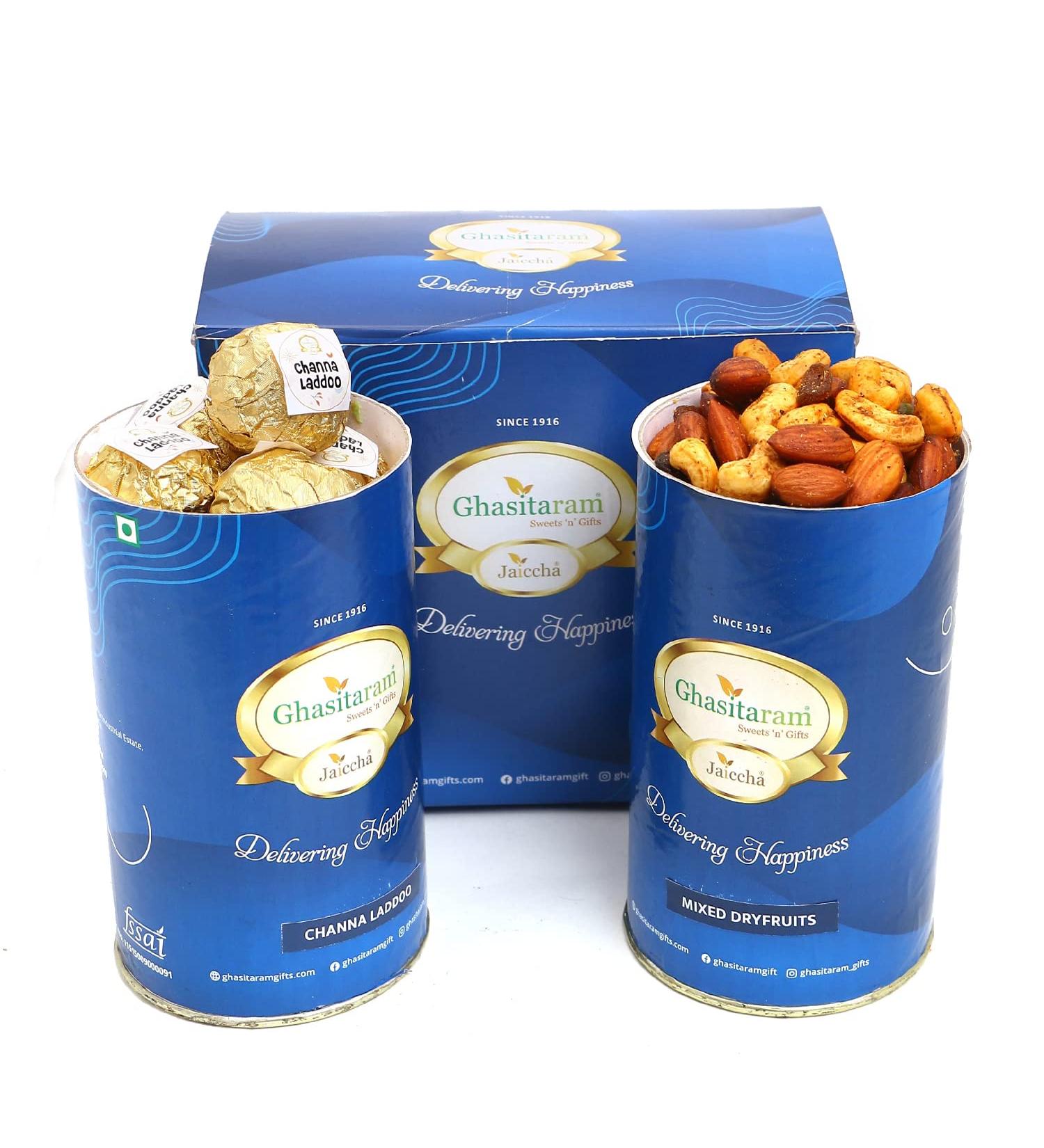 Jaiccha Ghasitaram Channa Laddoo and Mix Dryfruits Cans|Gift for Diwali Gifts Holi Rakhi Valentine Christmas Birthday Anniversary Her Him| - Buy Online on GoSupps.com