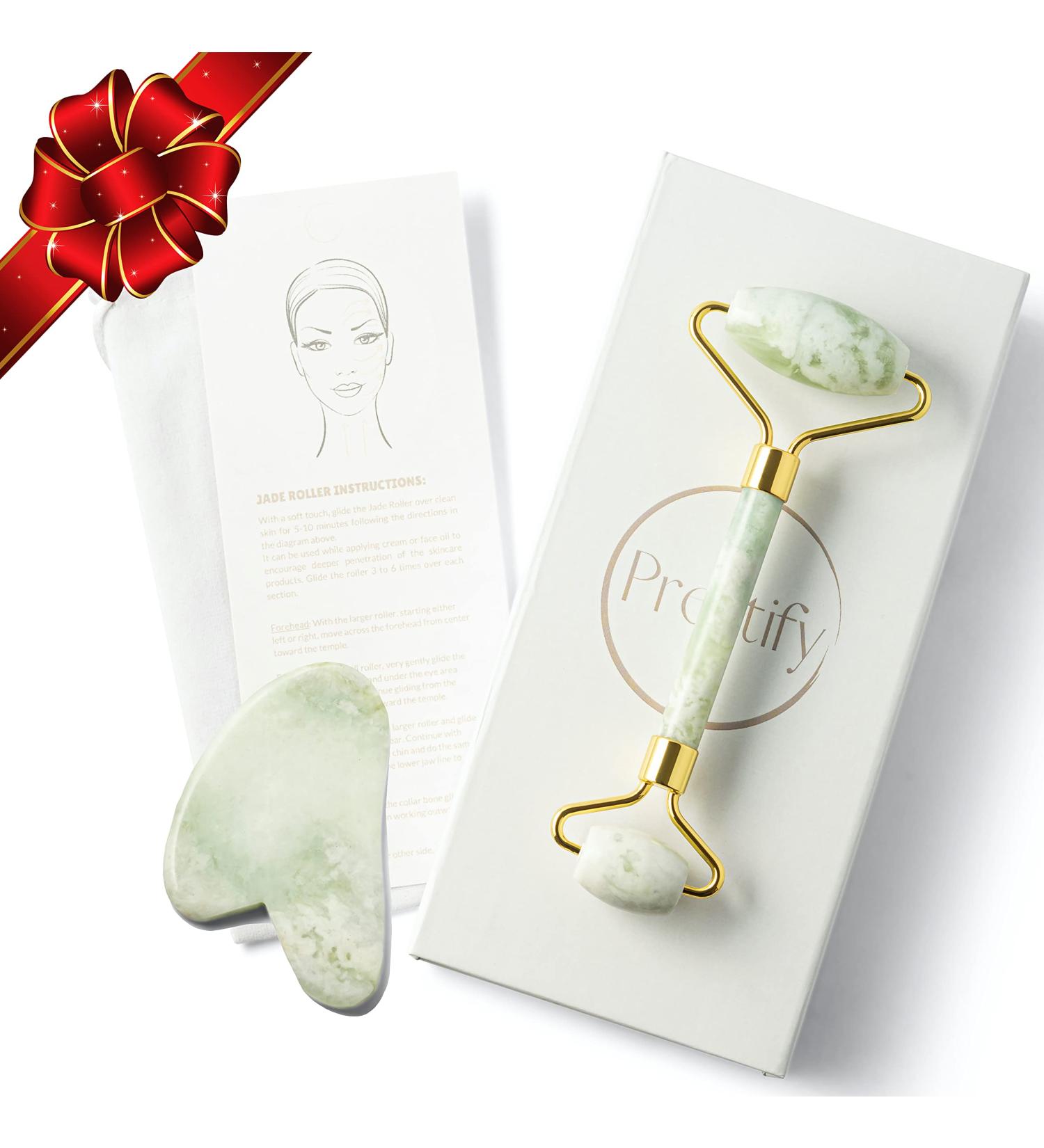 Prettify Premium Jade Face Roller and Gua Sha Set - Authentic Jade Massager & Massage Tool Kit - Buy Online on GoSupps.com
