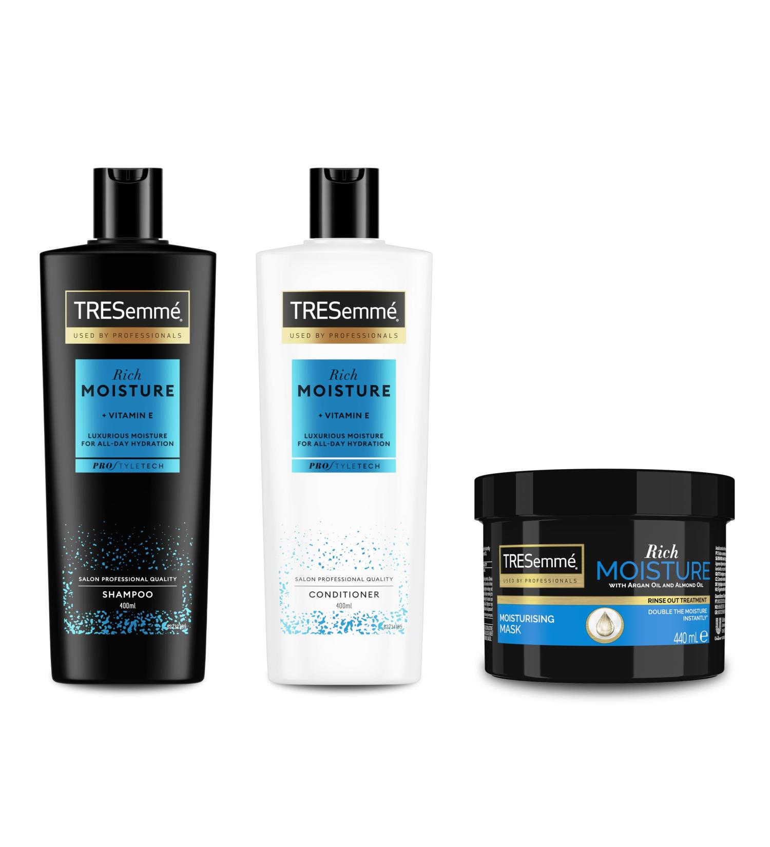 Unilever TRESemm Rich Moisture Shampoo Conditioner and Hair Mask for dry damaged hair 400 ml + 400 ml + 440 ml - Buy Online on GoSupps.com