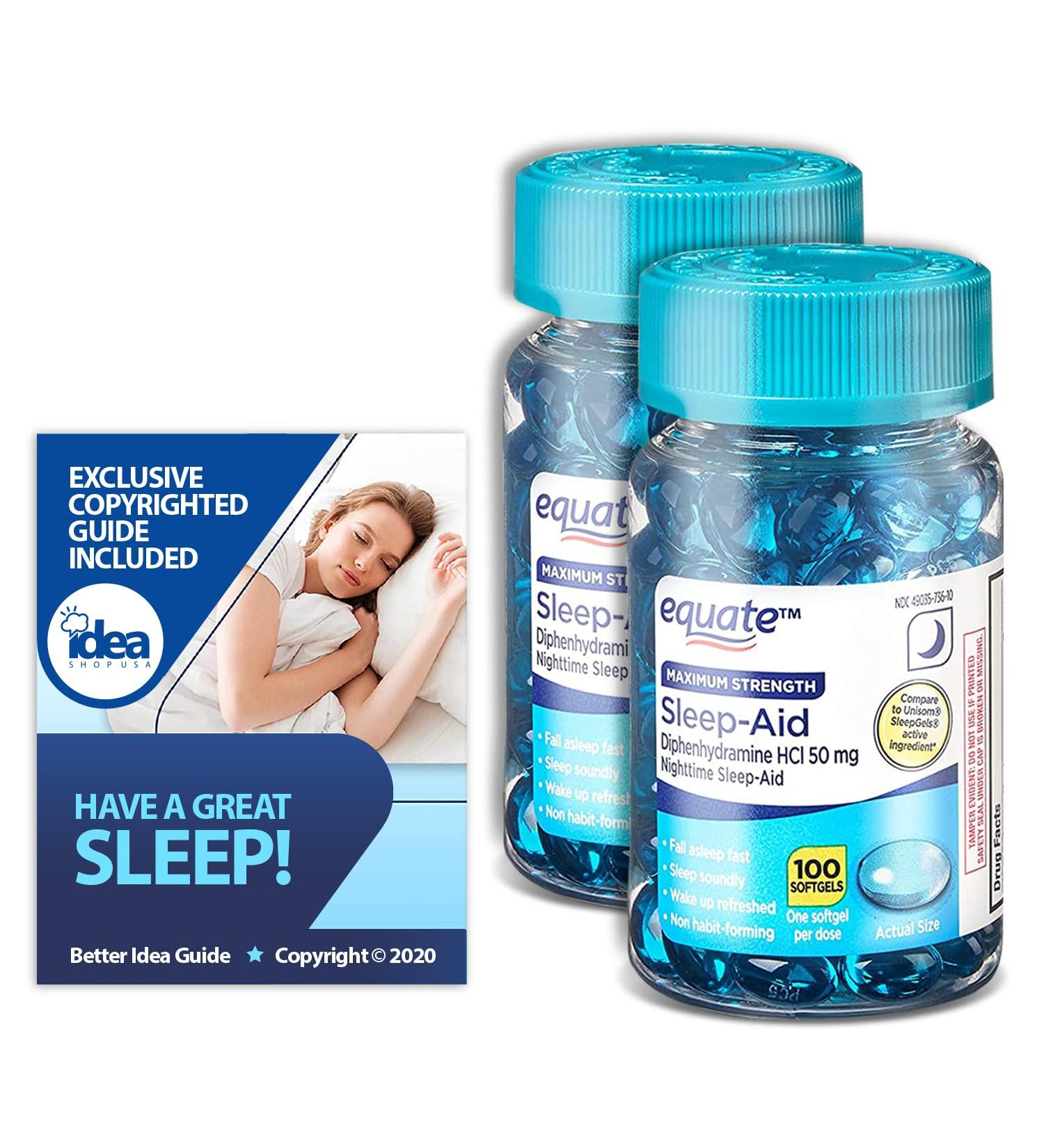 Equate Maximum Strength Sleep-Aid Softgels 50mg 100 Ct (2 Pack) Bundle + Exclusive Guide for Great Sleep - 3 Items - Buy Online on GoSupps.com