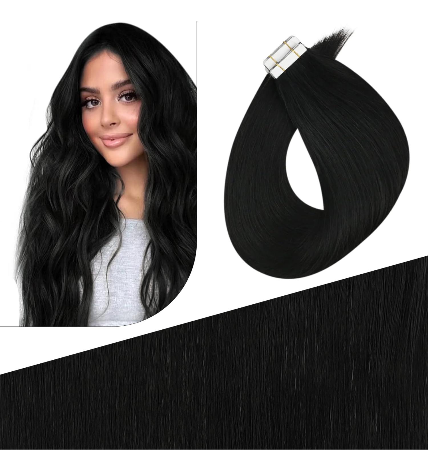FSHINE Real Hair Tape Extensions - 60cm Black 10 Pieces 25g - Virgin Remy Straight #1 #1 Injected Tape Extensions - Buy Online on GoSupps.com