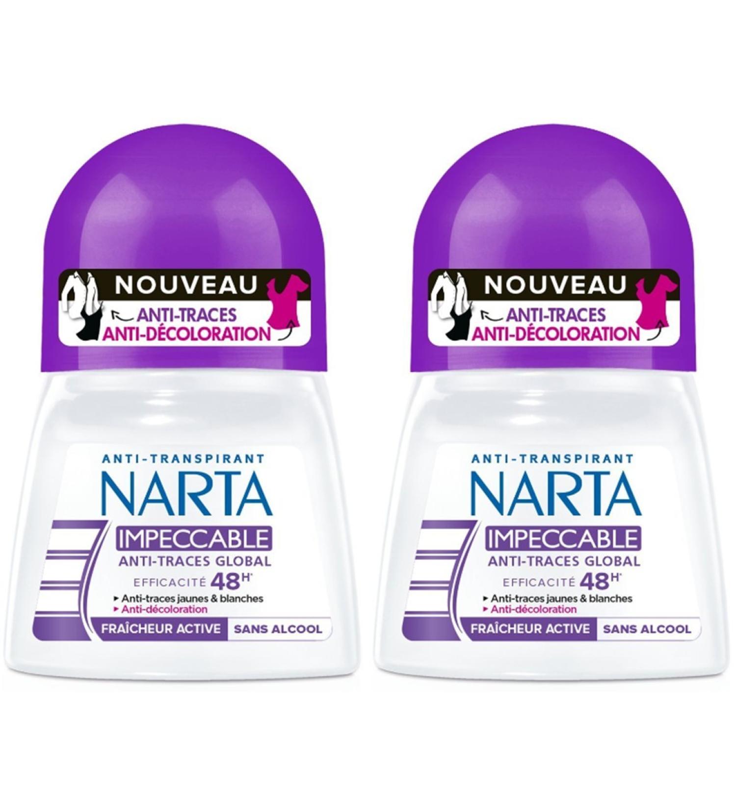 NARTA Women's Roll-on Deodorant Antiperspirant Anti-Stain and Anti-Discoloration 48h 50.0 ml - Pack of 2