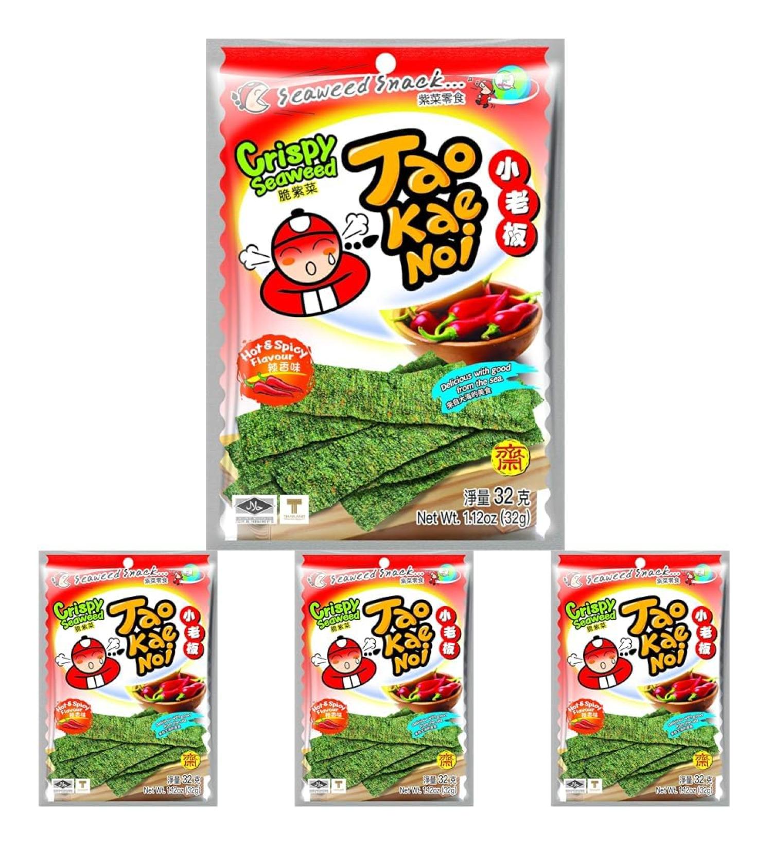 Tao Kae Noi Crispy Seaweed Snack Hot & Spicy snack d'algues pic et piquant 32 g (Lot de 4)