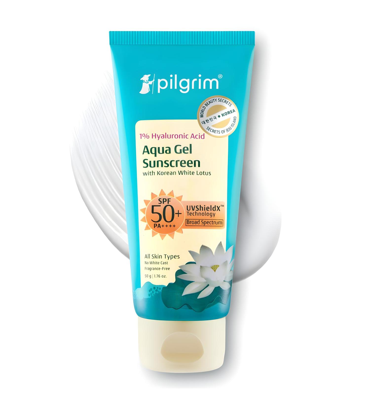 Pilgrim Aqua Gel Sunscreen SPF 50+ PA++++ with 1% Hyaluronic Acid & Korean White Lotus | Broad Spectrum UV Protection | Lightweight Hydrating Sunscreen for All Skin Types | 1.69 Fl Oz (50 ml) - Buy Online on GoSupps.com