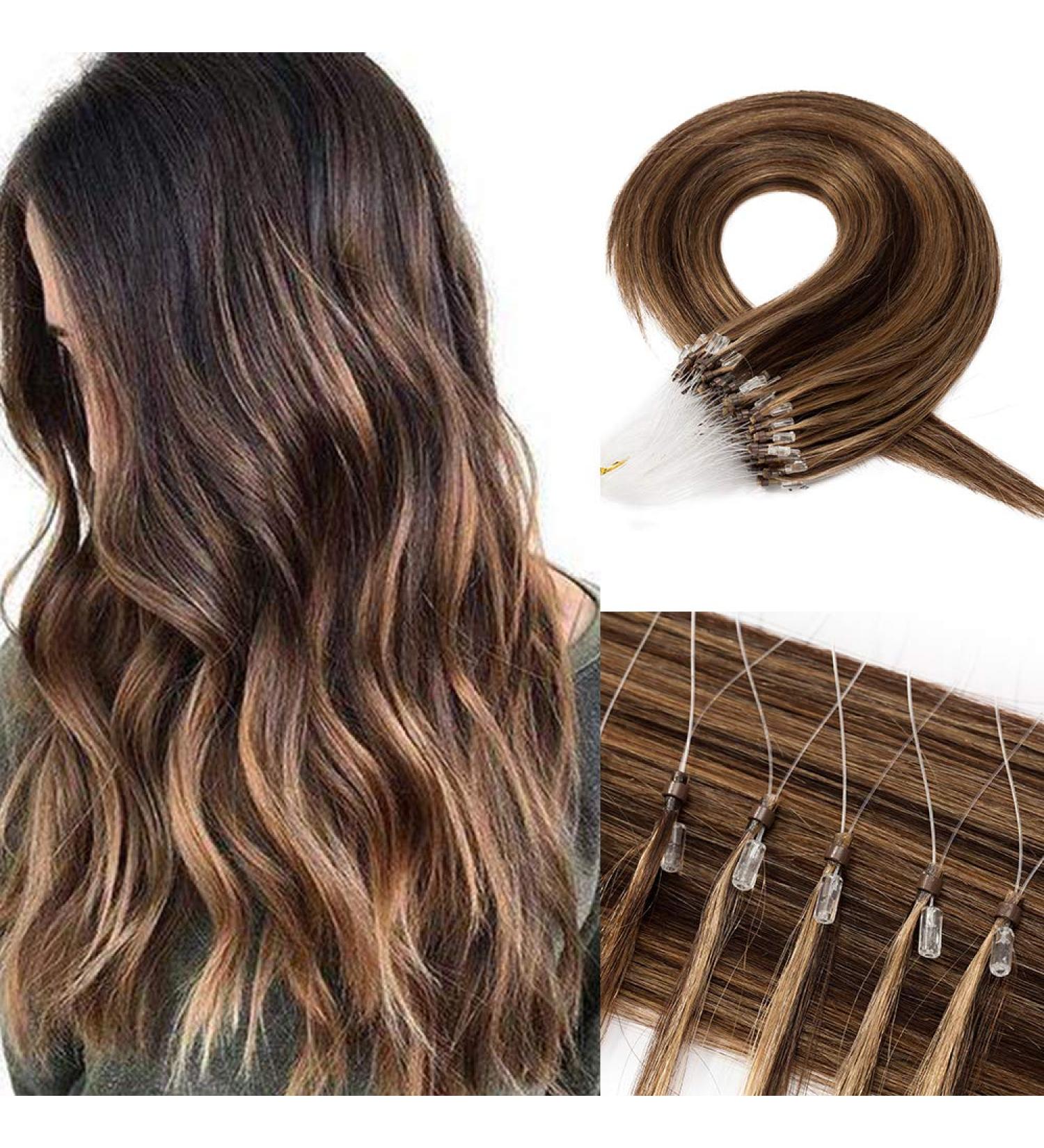 Premium Real Hair Microring Extensions - 0.5g/Strand 100 Strands Soft & Smooth - 7A Human Hair 40cm 4P27 Medium Brown & Dark Blonde - International Shipping Available - Buy Online on GoSupps.com