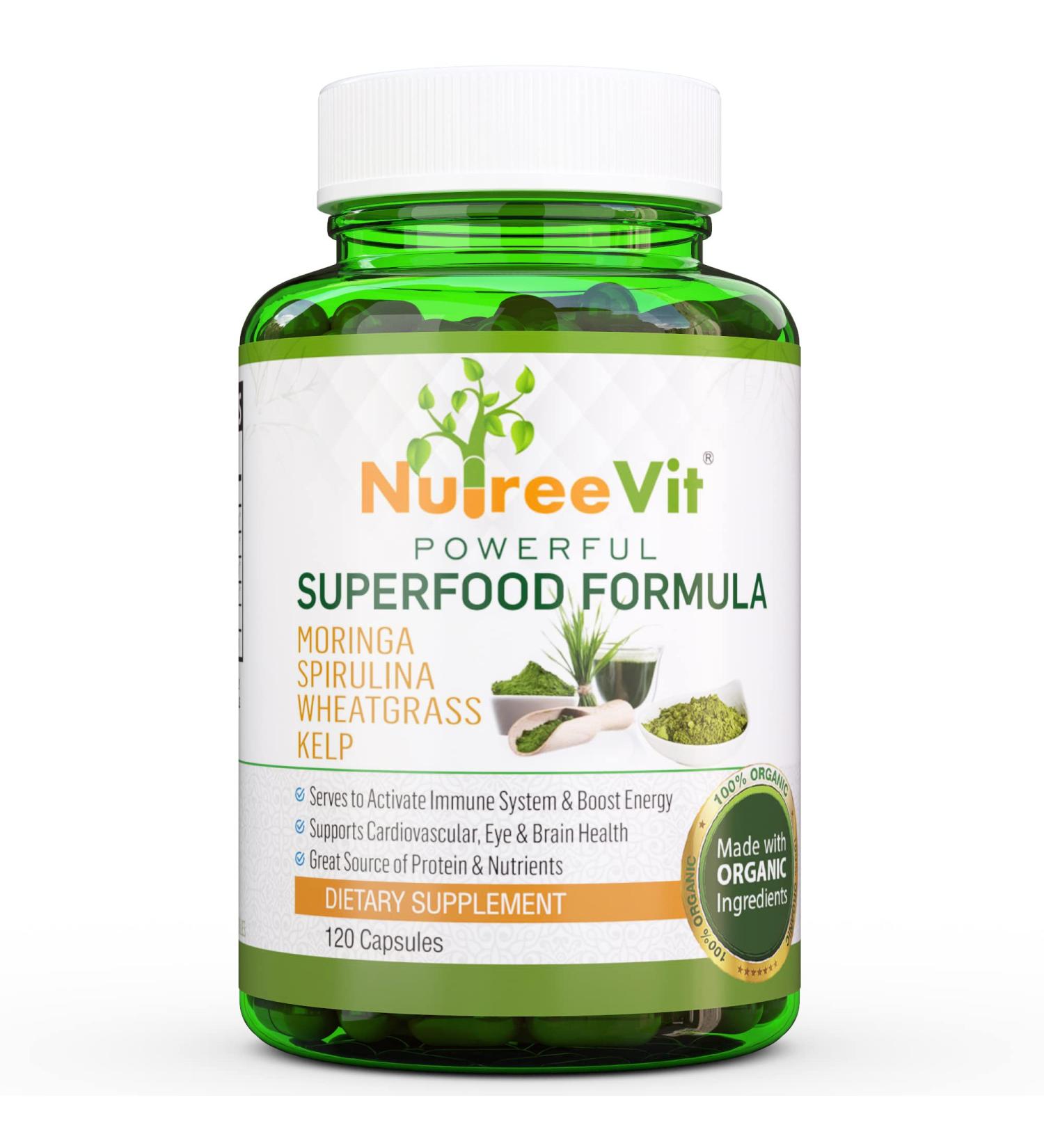 NutreeVit 100% Organic Powerful Superfood Formula - Immune System Booster Energy Pills with Moringa Spirulina Wheatgrass and Kelp - 200 Count Bottle 200 Count (Pack of 1) - Buy Online on GoSupps.com