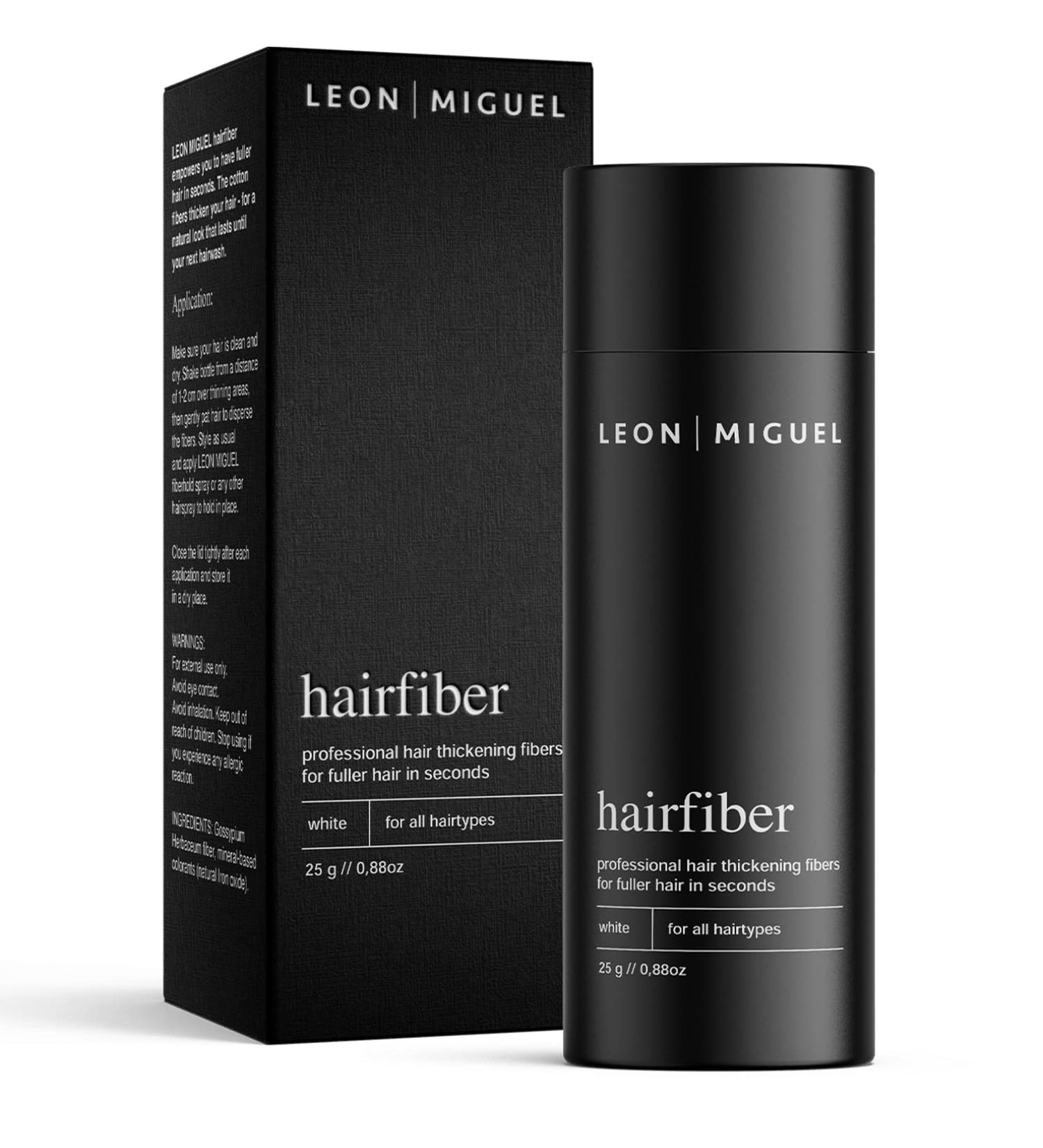 LEON MIGUEL Hair Fiber - Premium Hair Thickener for Receding Hairlines, Hair Loss, and Thinning Hair - 25g (WHITE) - Buy Online on GoSupps.com