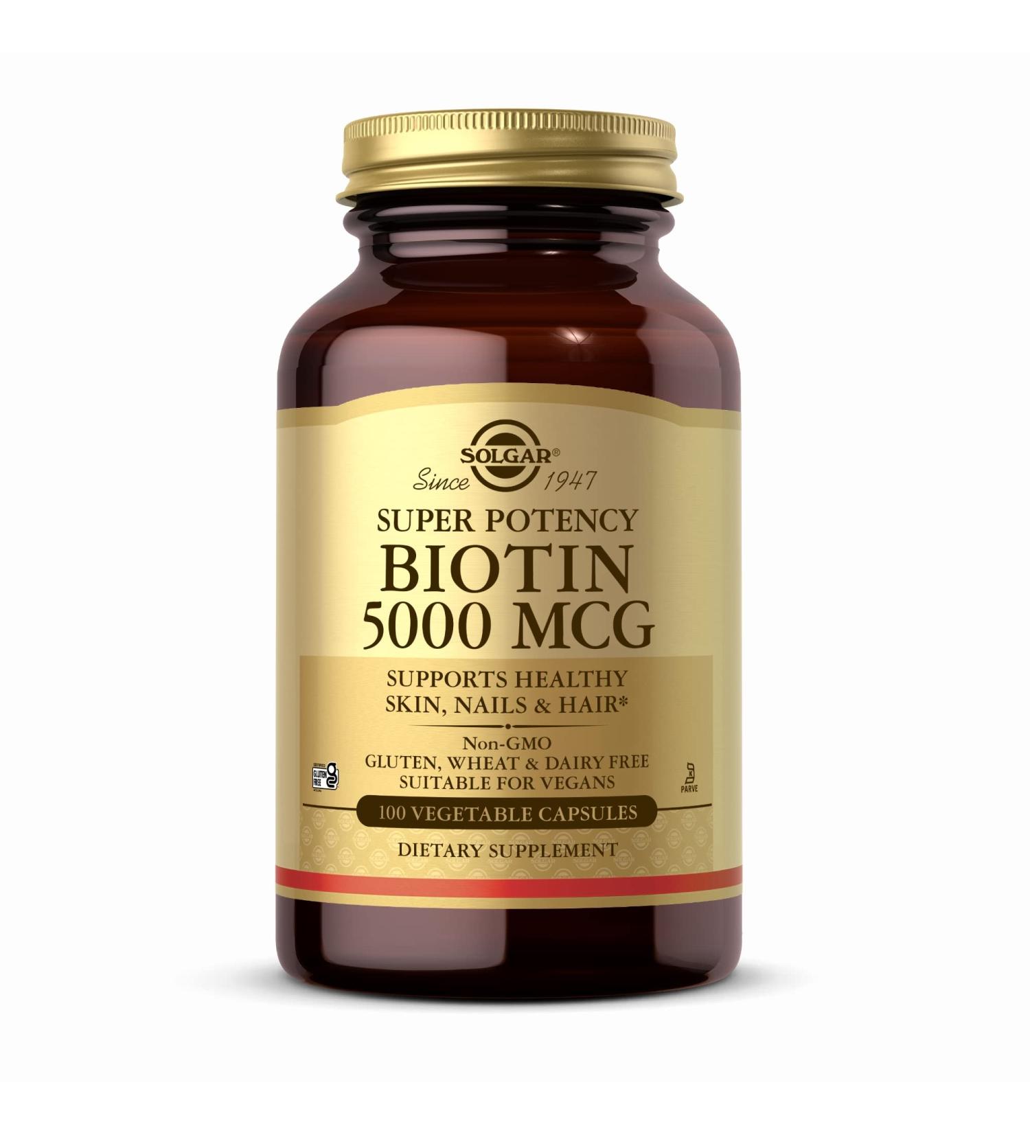 Solgar Biotin 5000 mcg - 100 Vegetable Capsules - Supports Healthy Skin Nails & Hair - Non-GMO Vegan Gluten Free Dairy Free Kosher - 100 Servings 1 Count (Pack of 100) - Buy Online on GoSupps.com