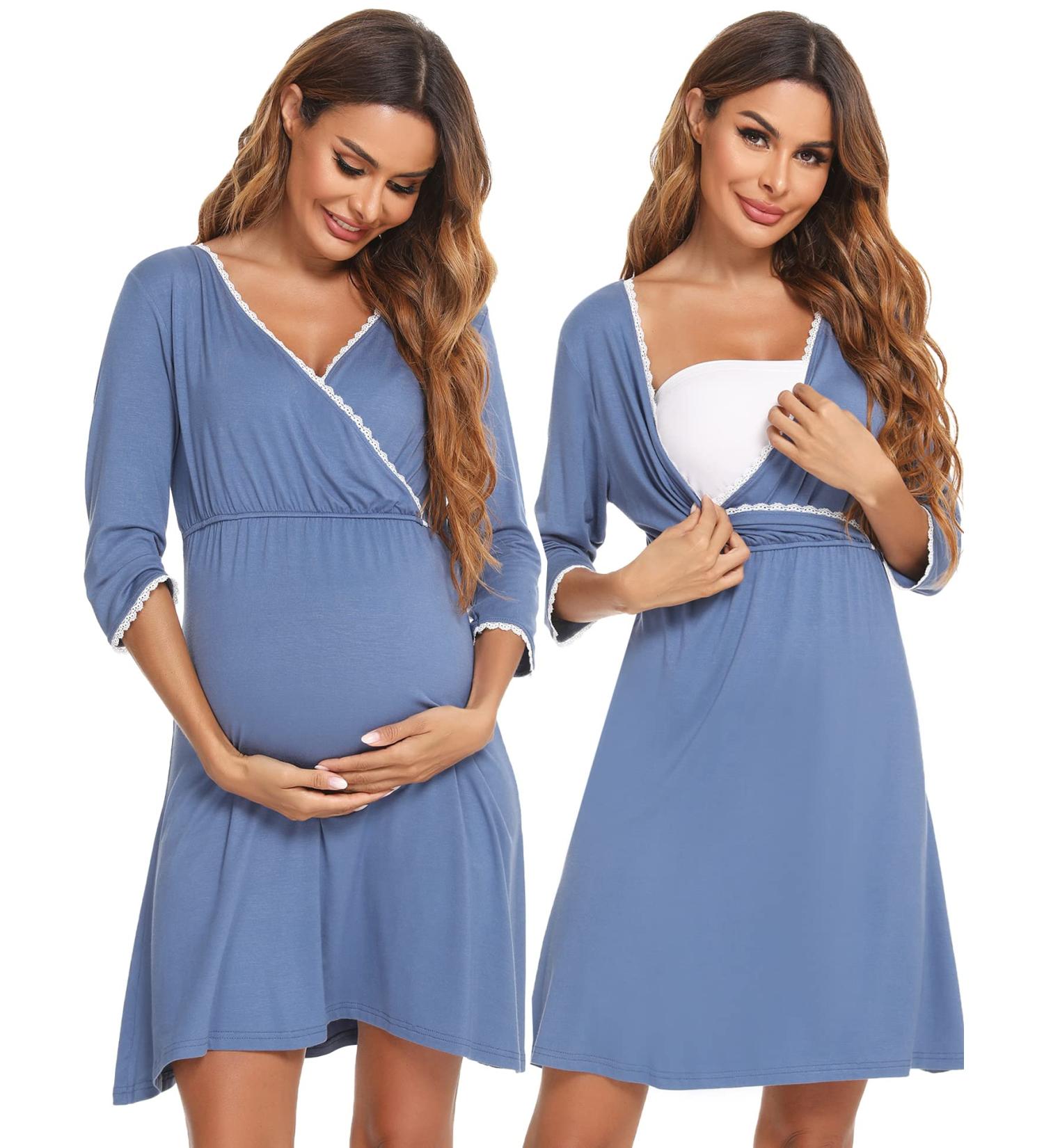 Sykooria Women's Cotton Nursing Nightdress, 3/4 Sleeves, Maternity Labour Nightgown - Blue, Size L - Buy Online on GoSupps.com