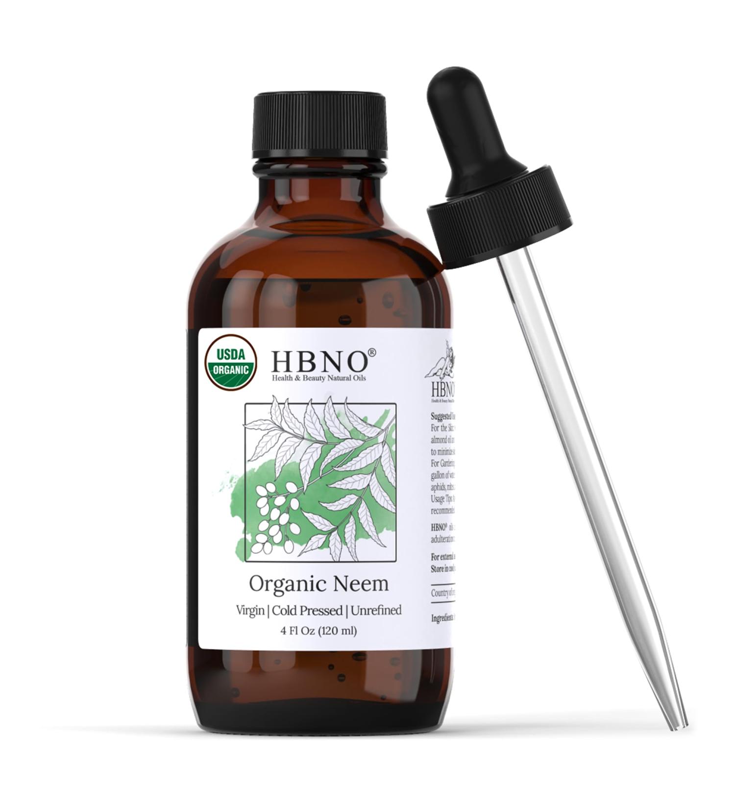 HBNO Organic Neem Oil - 4 oz (120ml) Value Size - Ideal for Face wash Lotions Skincare and Hair Care Products (Glass Bottle) Organic Neem 4 Fl Oz (Pack of 1) - Buy Online on GoSupps.com