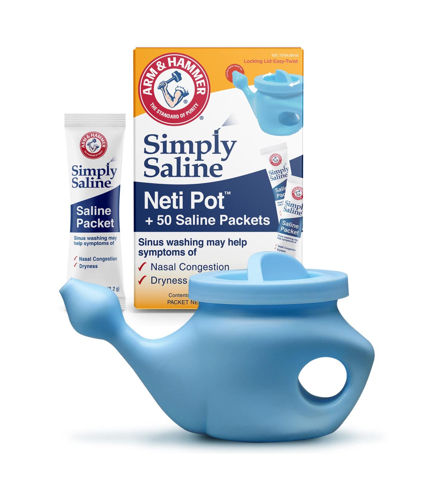 GuruNanda Arm & Hammer Neti Pot - Nasal Rinse Kit for Sinus Wash & Allergy Relief - BPA-Free - 50 Salt Packets Included - 240ml - Blue - Buy Online on GoSupps.com