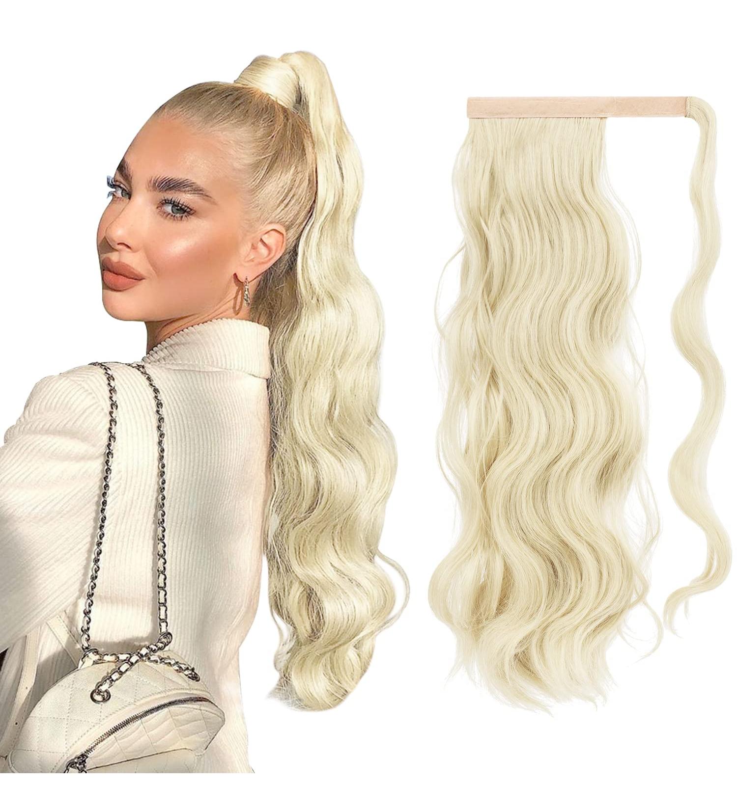 FESHFEN Long Wavy Ponytail Extension 60cm Bleach Blonde - Curly Clip-in Synthetic Hairpiece for Women - Buy Online on GoSupps.com