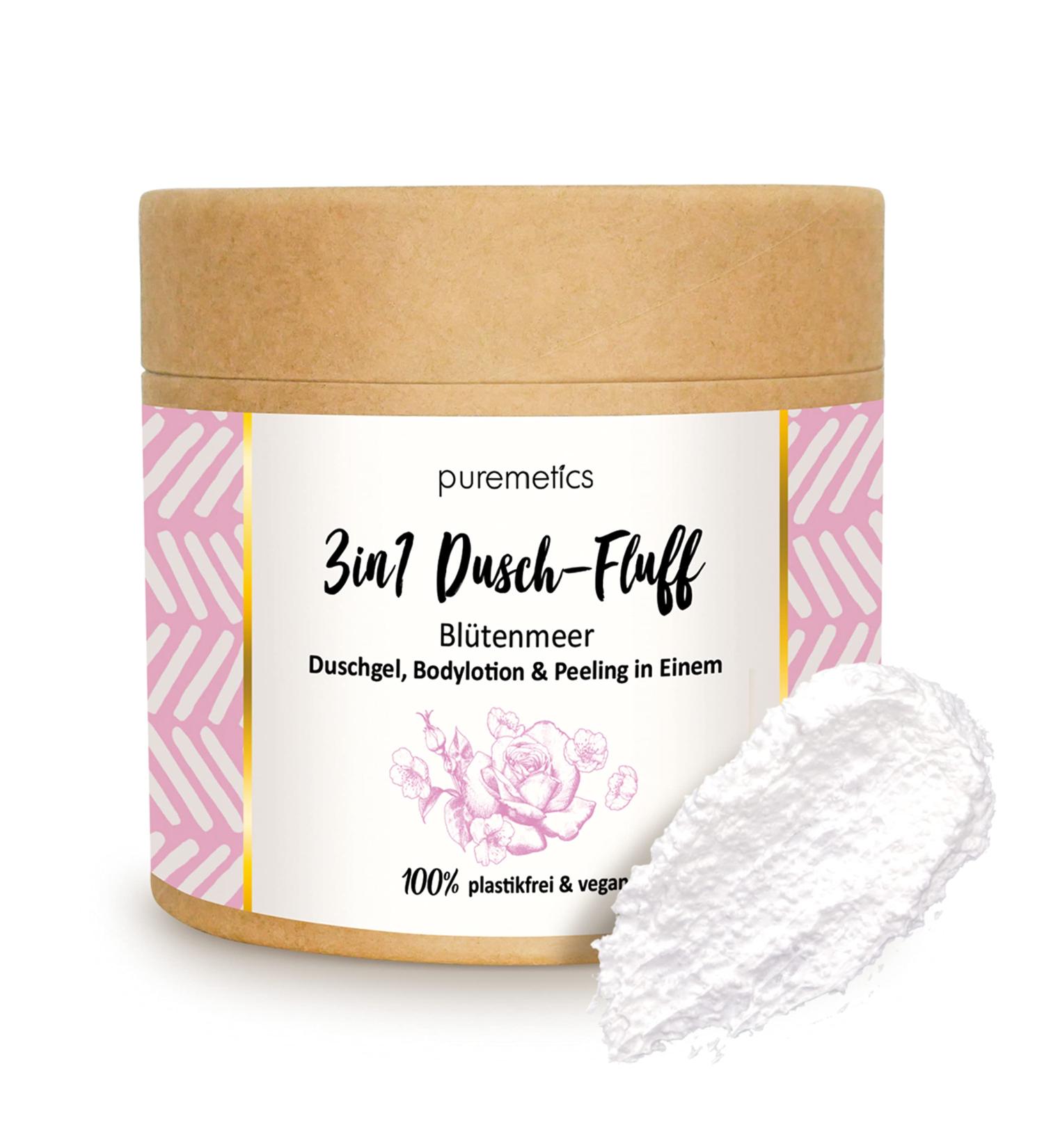 Puremetics 3-in-1 Shower Fluff Sea of Flowers - Vegan Sugar Peeling Shower Gel & Lotion 250g - Plastic-Free Beauty - Buy Online on GoSupps.com