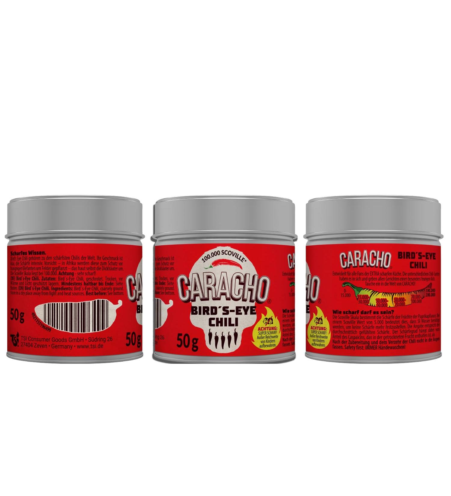 CARACHO Bird Eye Chilli Flakes 50g - 3 Pack - 100% Extremely Spicy - Chilli Powder in Metal Spice Tin / Scoville: 100 000-200 000 - Buy Online on GoSupps.com