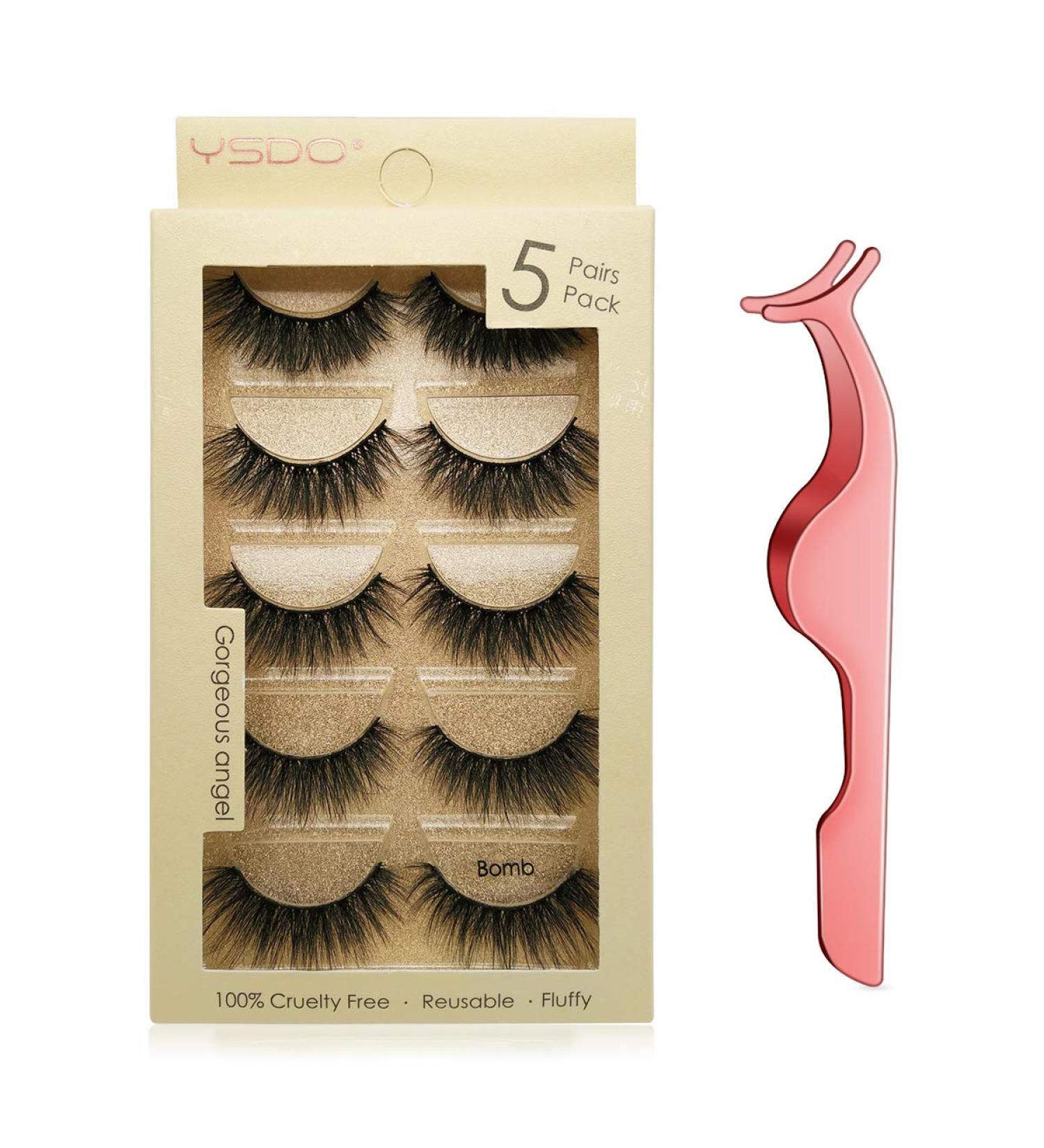 Leipple False Eyelashes 5 Pairs - Professional Reusable 3D Mink Lashes with Stainless Steel Tweezers - Handmade Natural Fluffy Fake Eyelashes (Bomb) - Buy Online on GoSupps.com