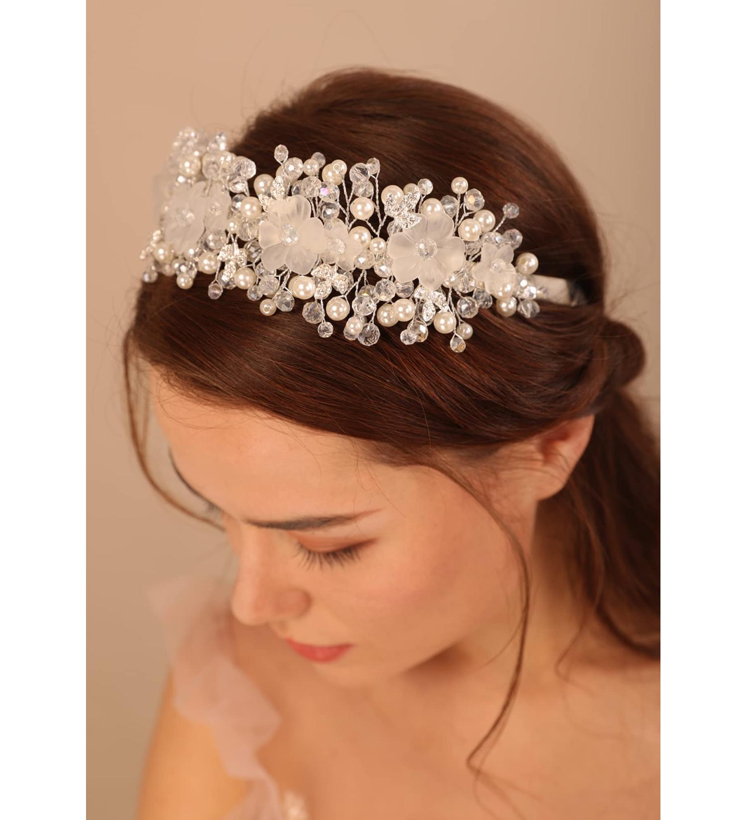 Kercisbeauty Clear Flower Silver Hair Tiara for Women Girls Wedding Bridal Pearl Hair Crown Princess Banquet Hair Accessories - Buy Online on GoSupps.com