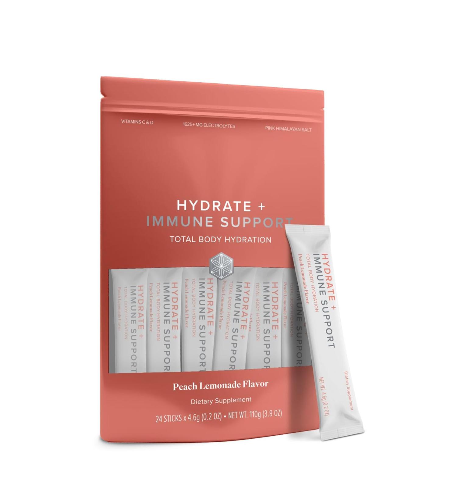 Isagenix Hydrate + Immune Support with Whole-Food Sourced C D Vitamins - Superior Hydration with 1625+ mg of Essential Electrolytes - No Added Sugar Peach Lemonade Flavor 0.2 oz Sticks 24 Servings - Buy Online on GoSupps.com