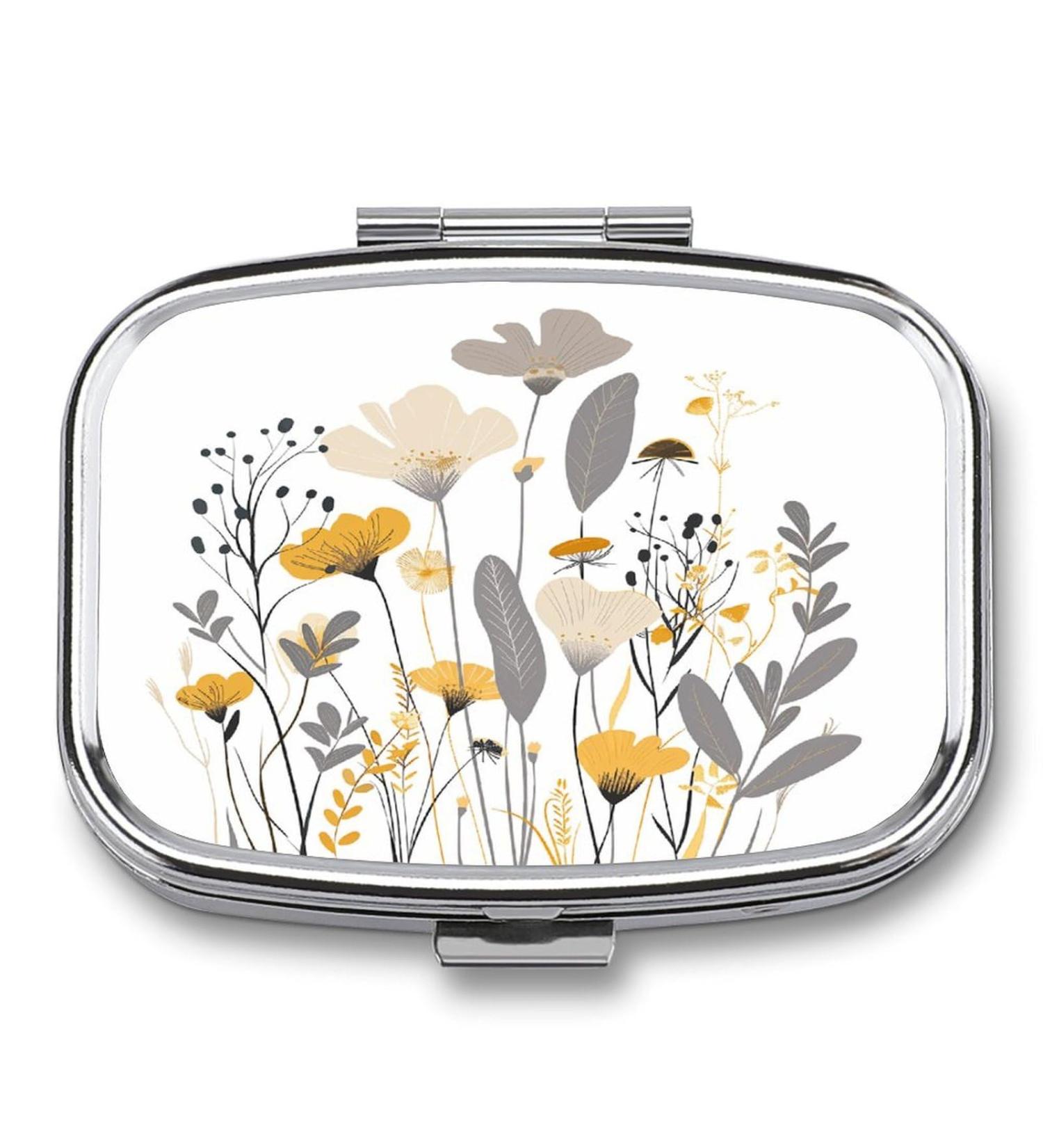 Wildflowers Hand Drawn Print Pill Box | 2 Compartment Portable Medicine Organizer | Decorative Metal Pill Case for Pocket & Purse - Buy Online on GoSupps.com