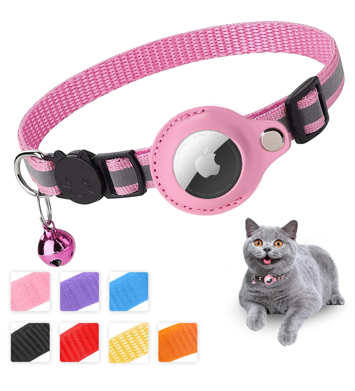 Mouyou AirTag Cat Neck Band - Adjustable reflective collar with bell | Soft nylon tracking collar (22-34cm) - Pink - Buy Online on GoSupps.com
