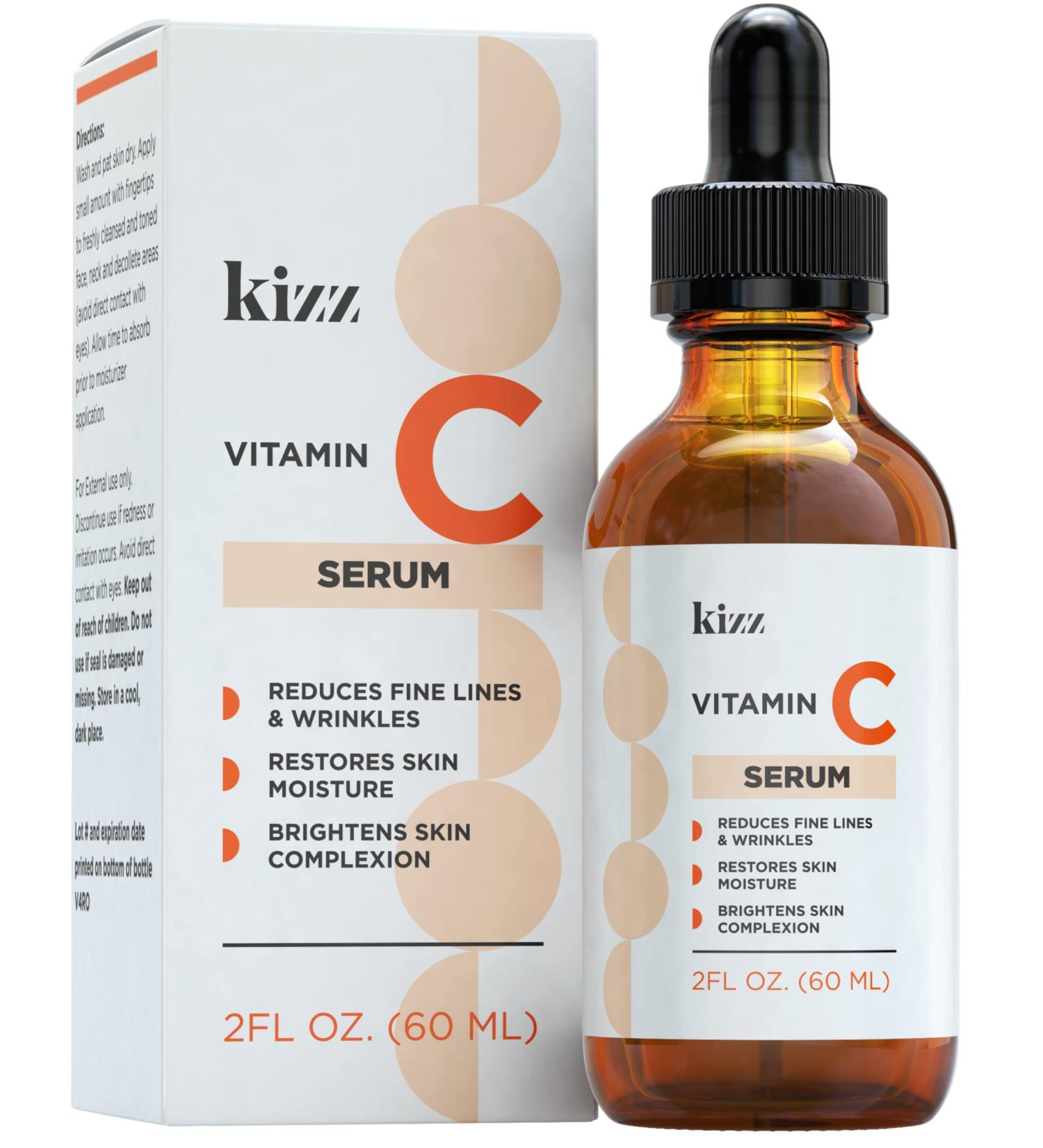 KIZZ Vitamin C Serum with Hyaluronic Acid, Vitamin E, Aloe & Jojoba Oil - Brightens and Moisturizes Skin, Reduces Fine Lines and Wrinkles - 2 fl. Oz - Buy Online on GoSupps.com