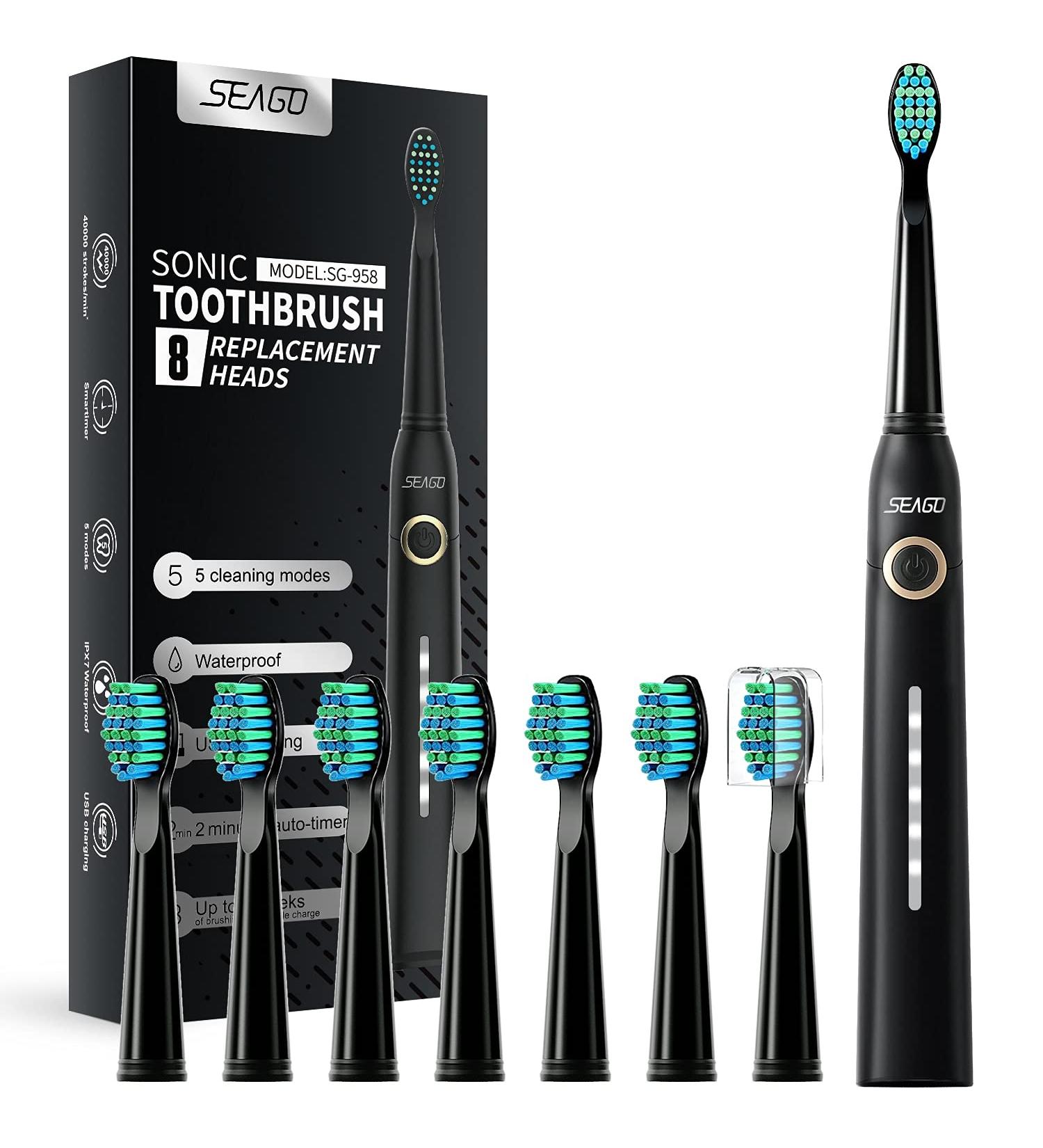 SEAGO Sonic Electric Toothbrush for Adults and Kids | 8 Heads, 5 Modes, Rechargeable | 30 Days Battery Life, 2 Mins Timer | IPX7 Waterproof | SG-958 Black - Buy Online on GoSupps.com