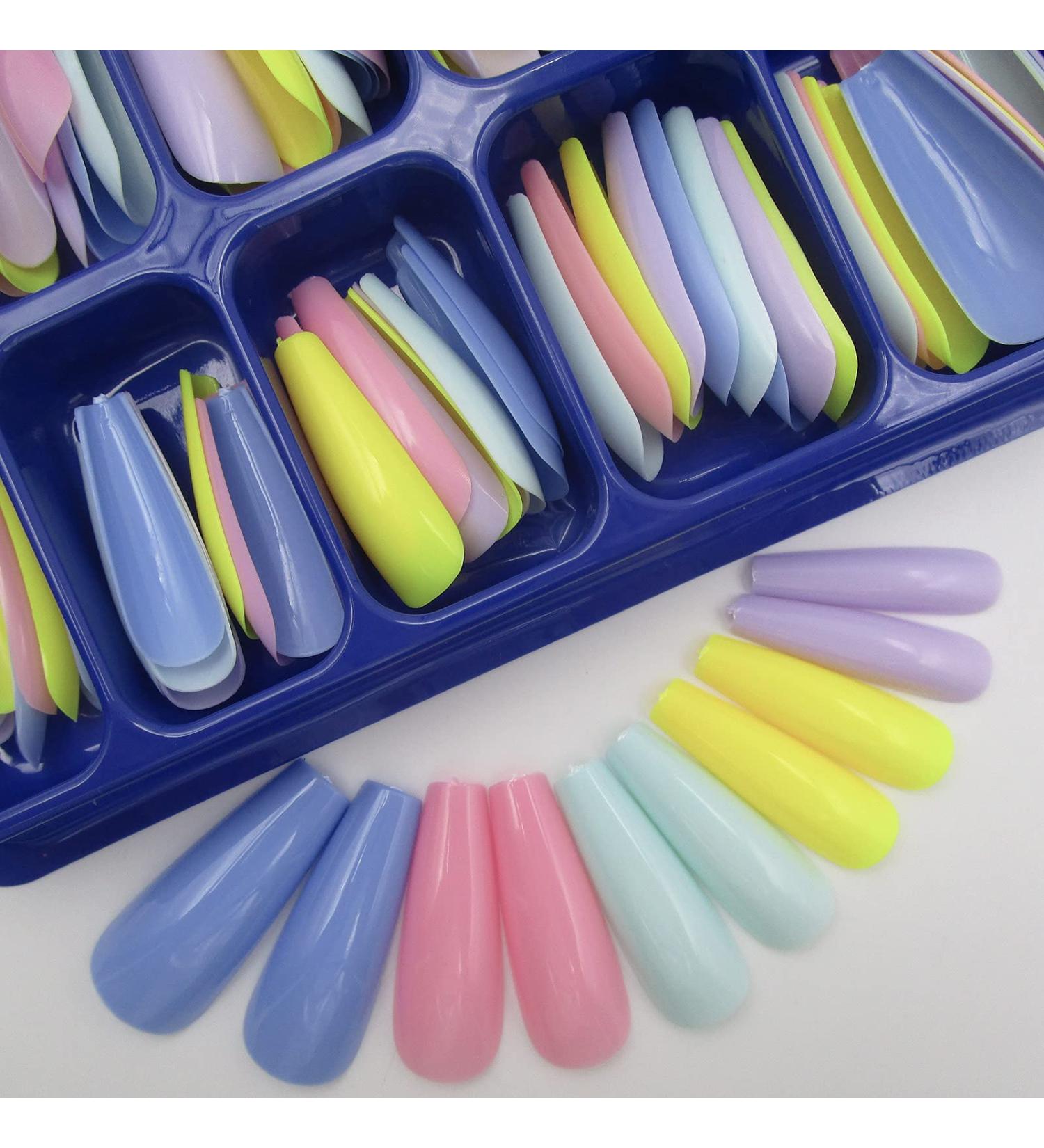 100pc Mixed Color Extra Long Coffin False Nails - Colored Acrylic Nail Tips for Women, Girls, Kids - 10 Sizes (Mixed Color A) - Buy Online on GoSupps.com