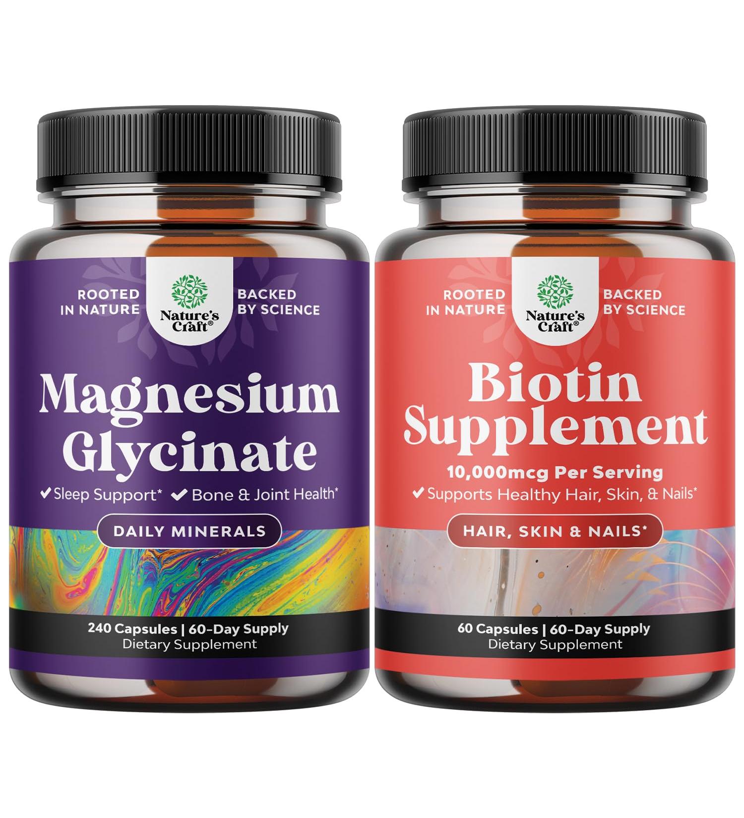 Bundle of Pure Magnesium Glycinate Supplement 400mg Per Serving for Mood Sleep & Relaxation Support and 10000 mcg Pure Biotin Pills - Promotes Thicker & Fuller Hair - Get Clear Skin Strong Nails - Buy Online on GoSupps.com