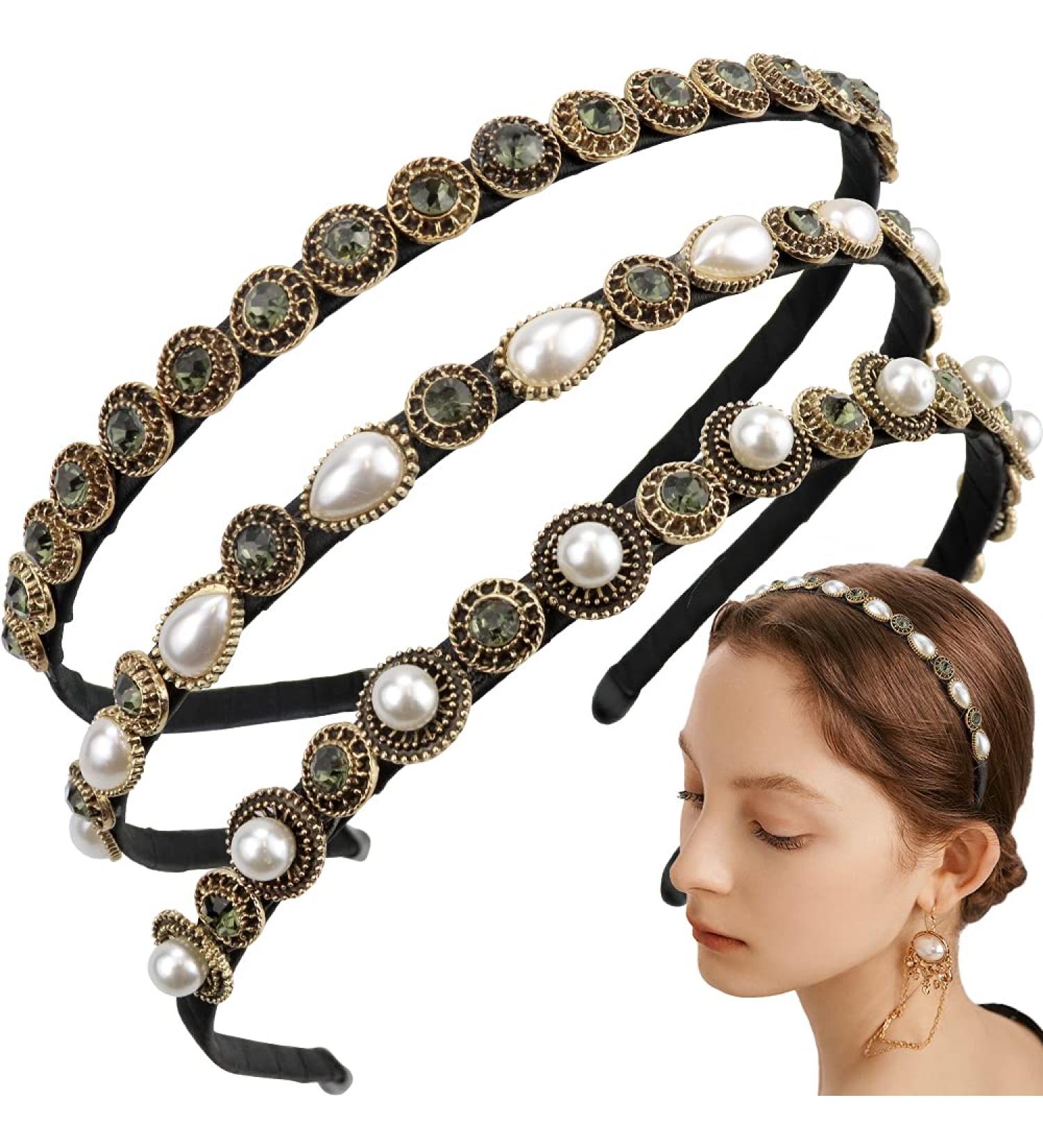 NAIHOD 3 Pcs Pearls Rhinestones Thin Headbands for Women - Luxury Vintage Hair Bands - Buy Online on GoSupps.com