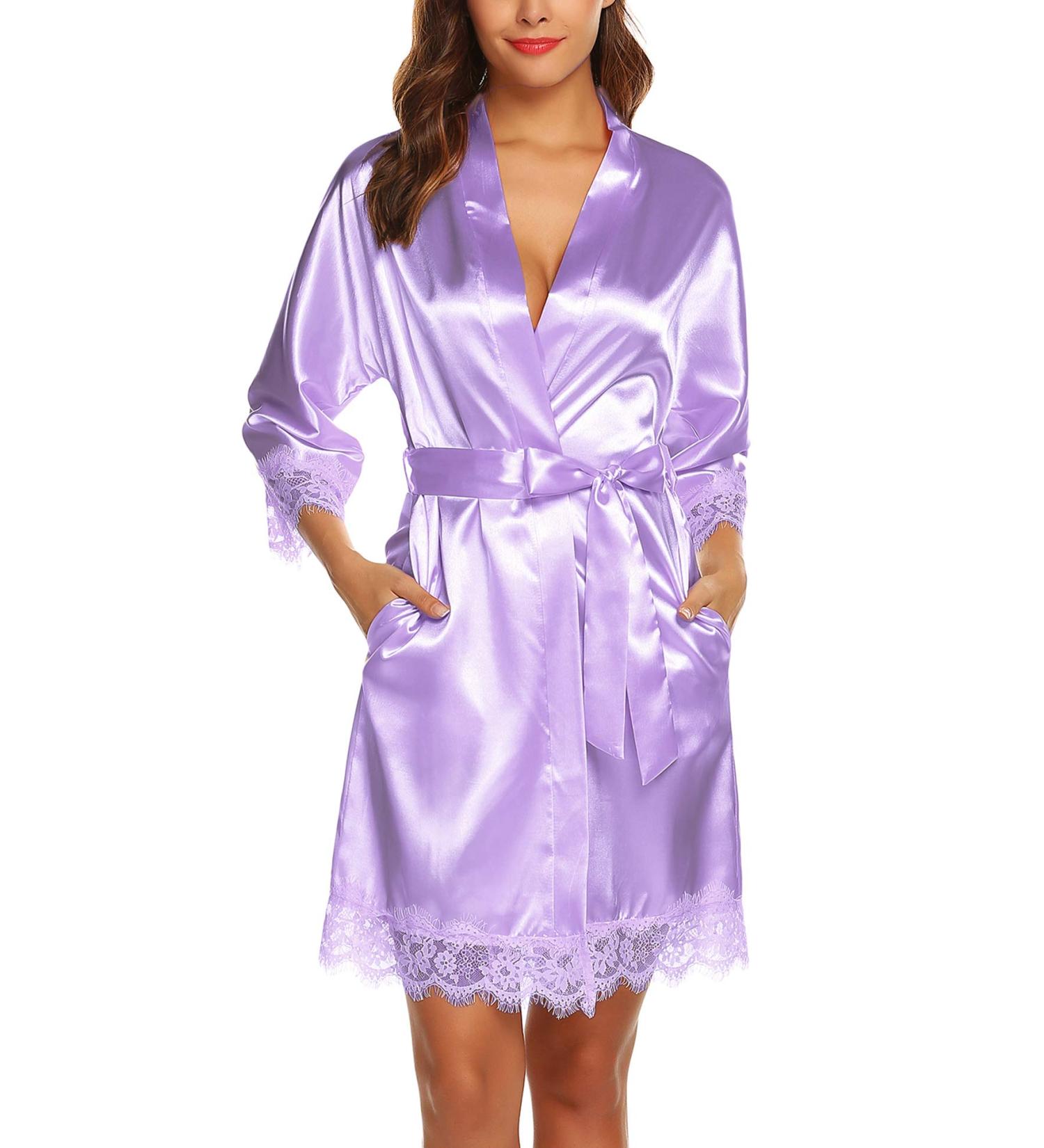 BESDEL Women's Satin Silk Bathrobe - Short Kimono Robe XXL Light Purple - Buy Online on GoSupps.com
