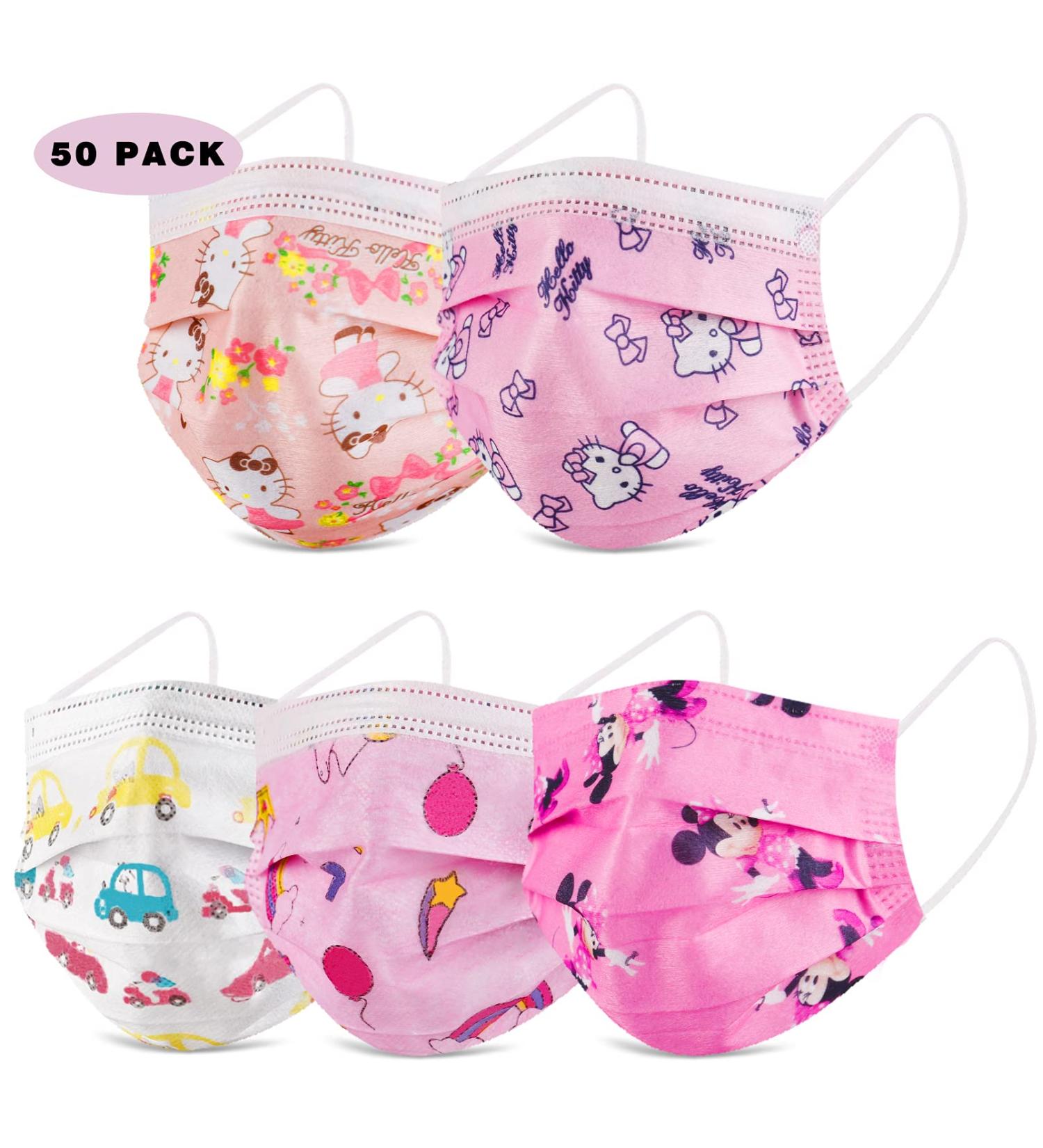 Kids Face Mask 3 Ply Safty Breathable Fabric (50 Pack) - Pink for Girls and Boys - Buy Online on GoSupps.com
