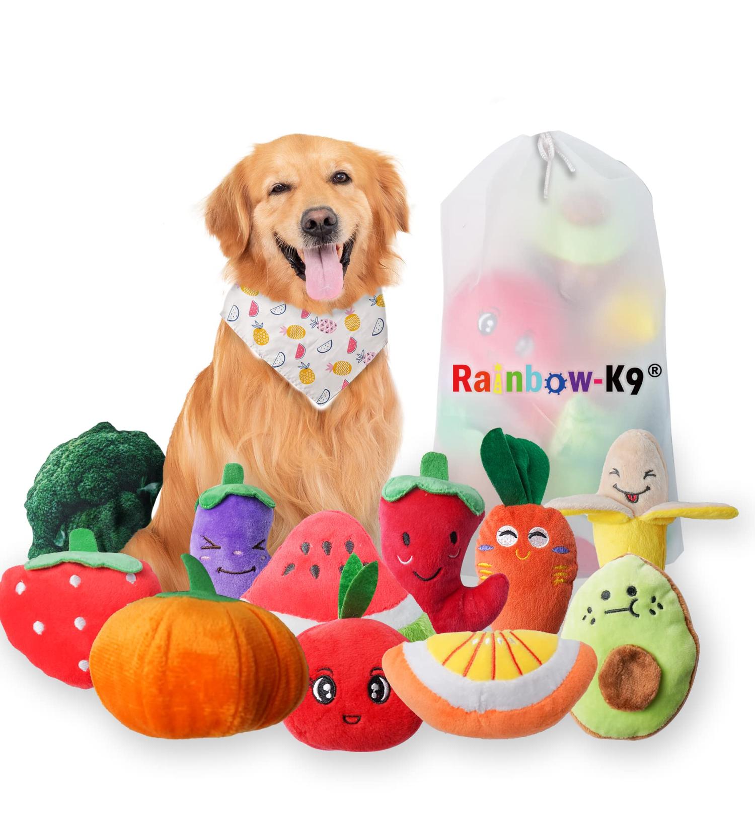 Rainbow-K9 12 Pack Dog Squeaky Toys Cute Plush Toys Stuffed Fruits Vegetables Dog chew Toy Squeaky Dog Toys for Puppy Small Dog Pets - Buy Online on GoSupps.com